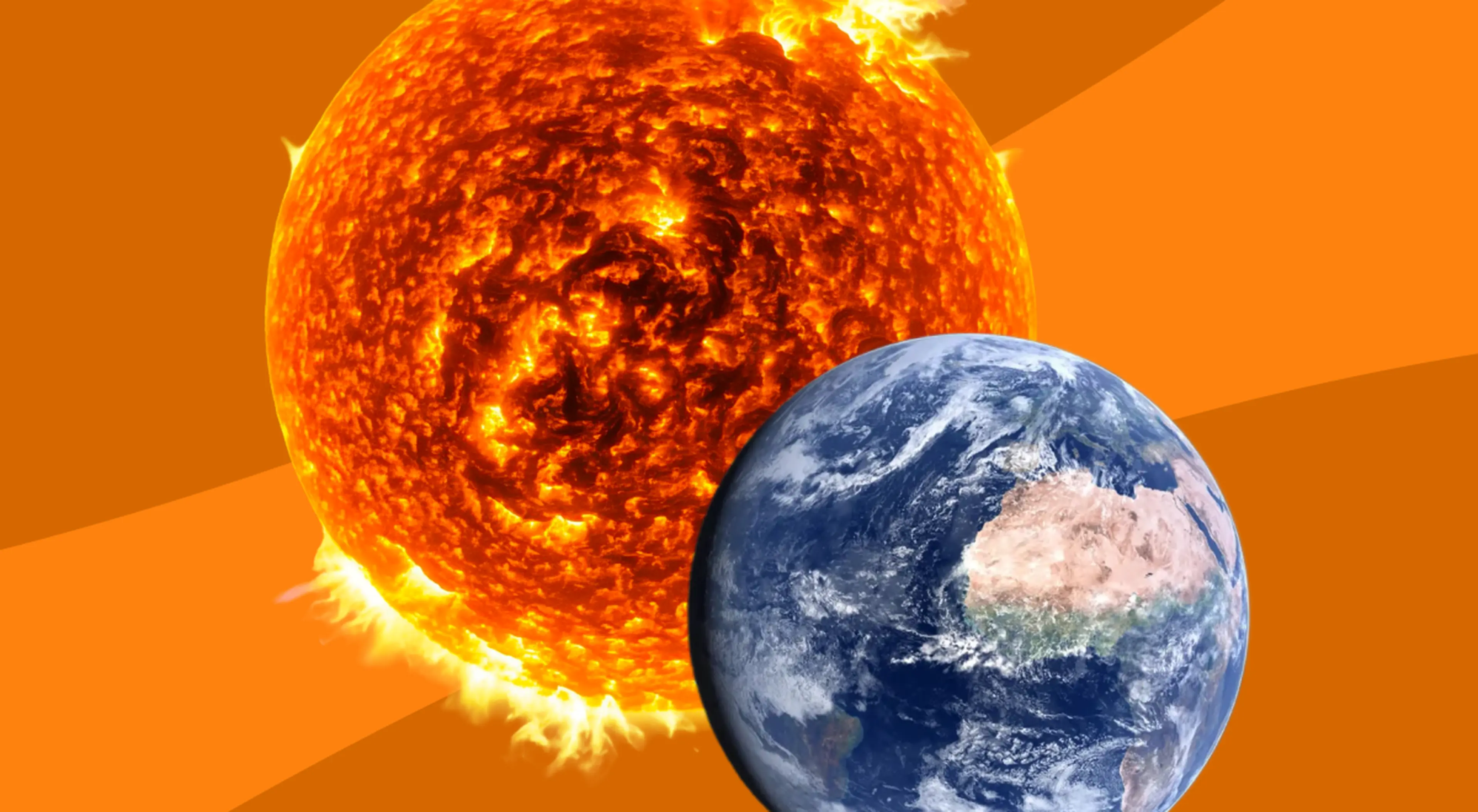 Fiery orange Sun with solar flares next to the blue and green planet Earth against an orange background, illustrating how to tell a planet from a star