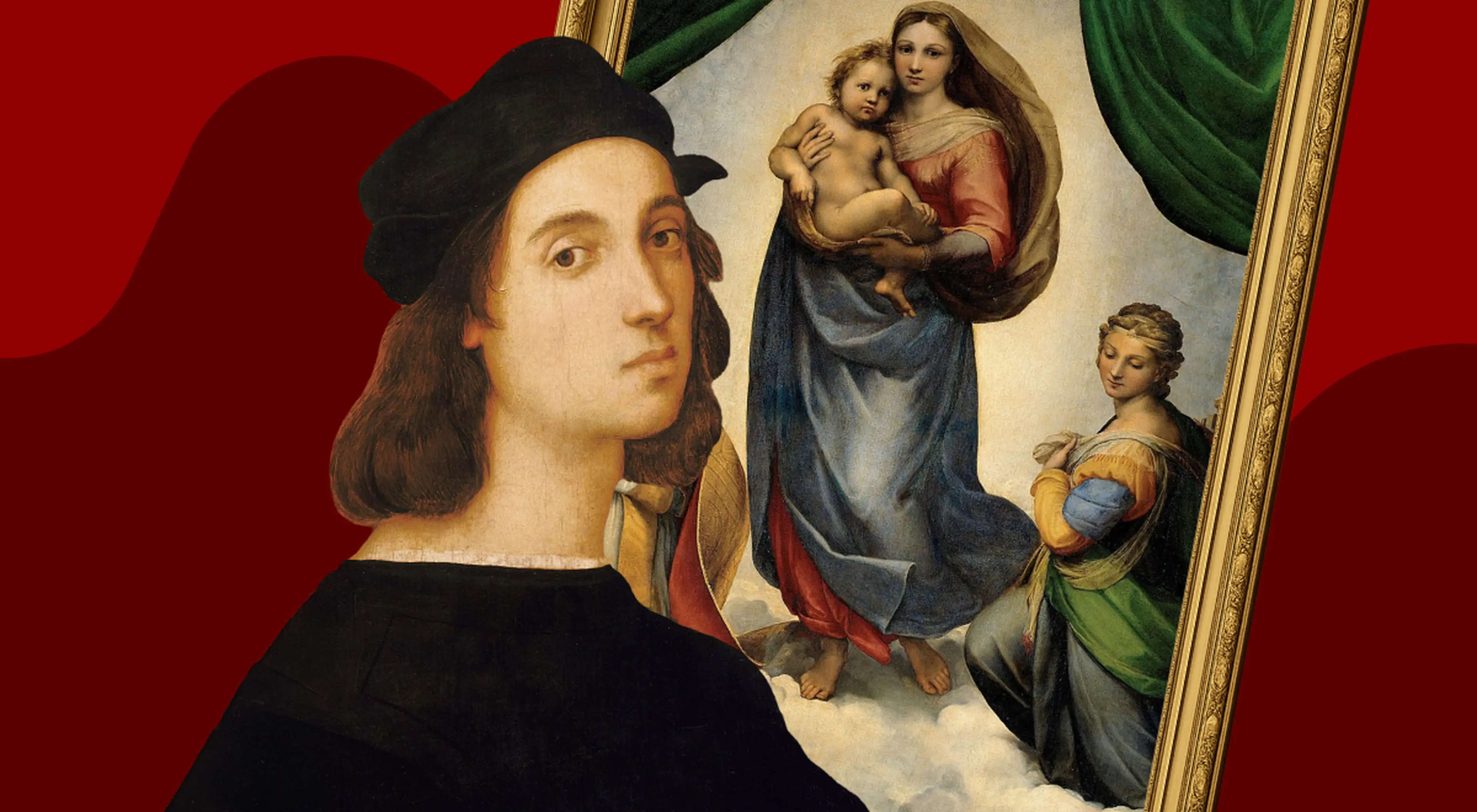 Self-portrait of Renaissance painter Raphael in a black cap beside his Sistine Madonna artwork showing Mary holding baby Jesus, set against a deep red background