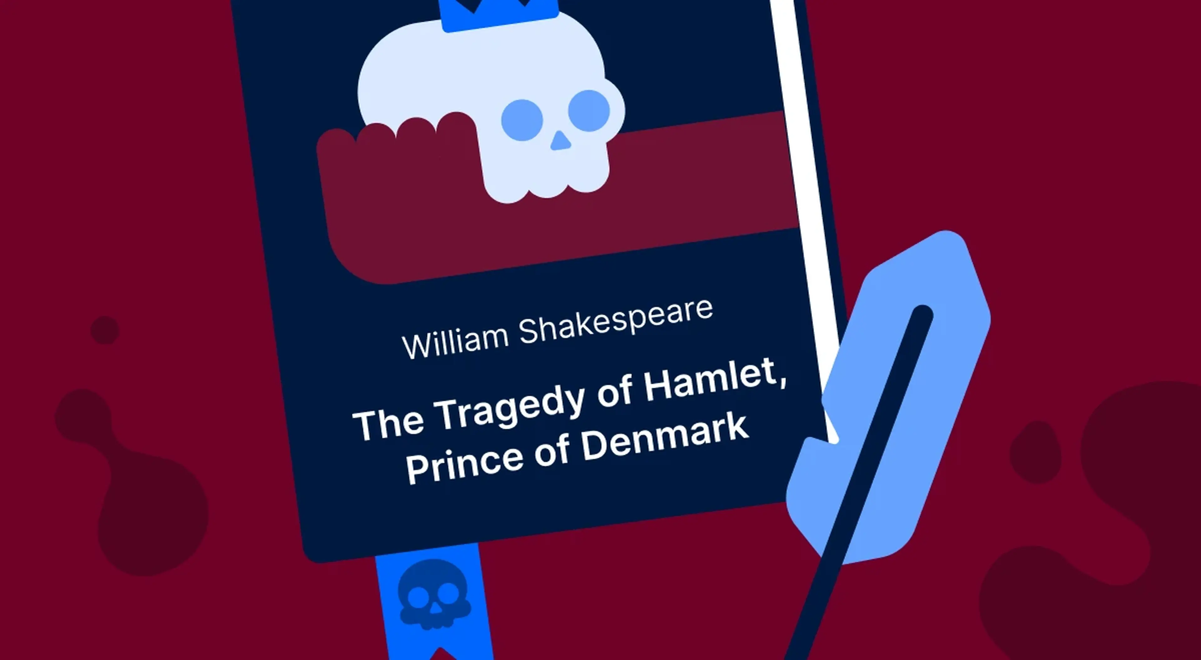 Illustrated book cover of The Tragedy of Hamlet Prince of Denmark by William Shakespeare with a skull on dark red background