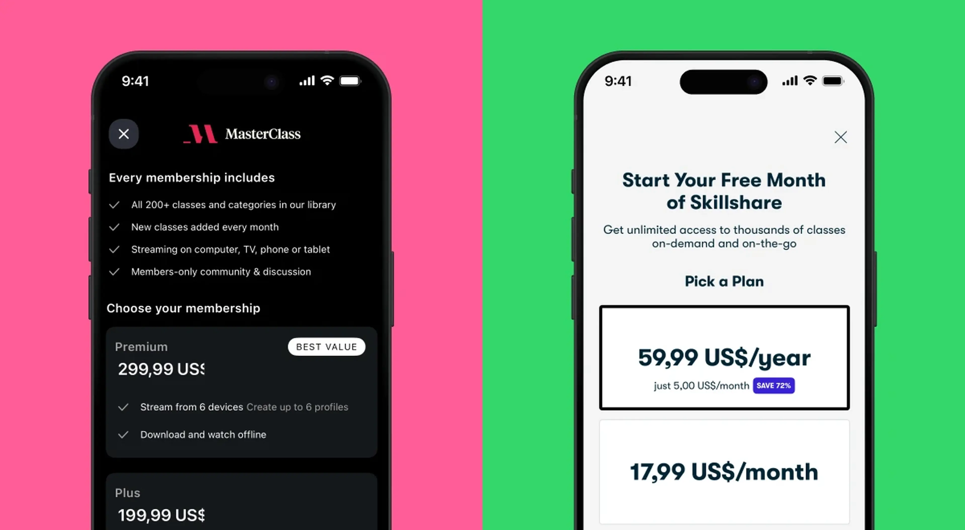 MasterClass app membership pricing screen and Skillshare free month plan picker showing 59,99 USD per year and 17,99 USD per month options