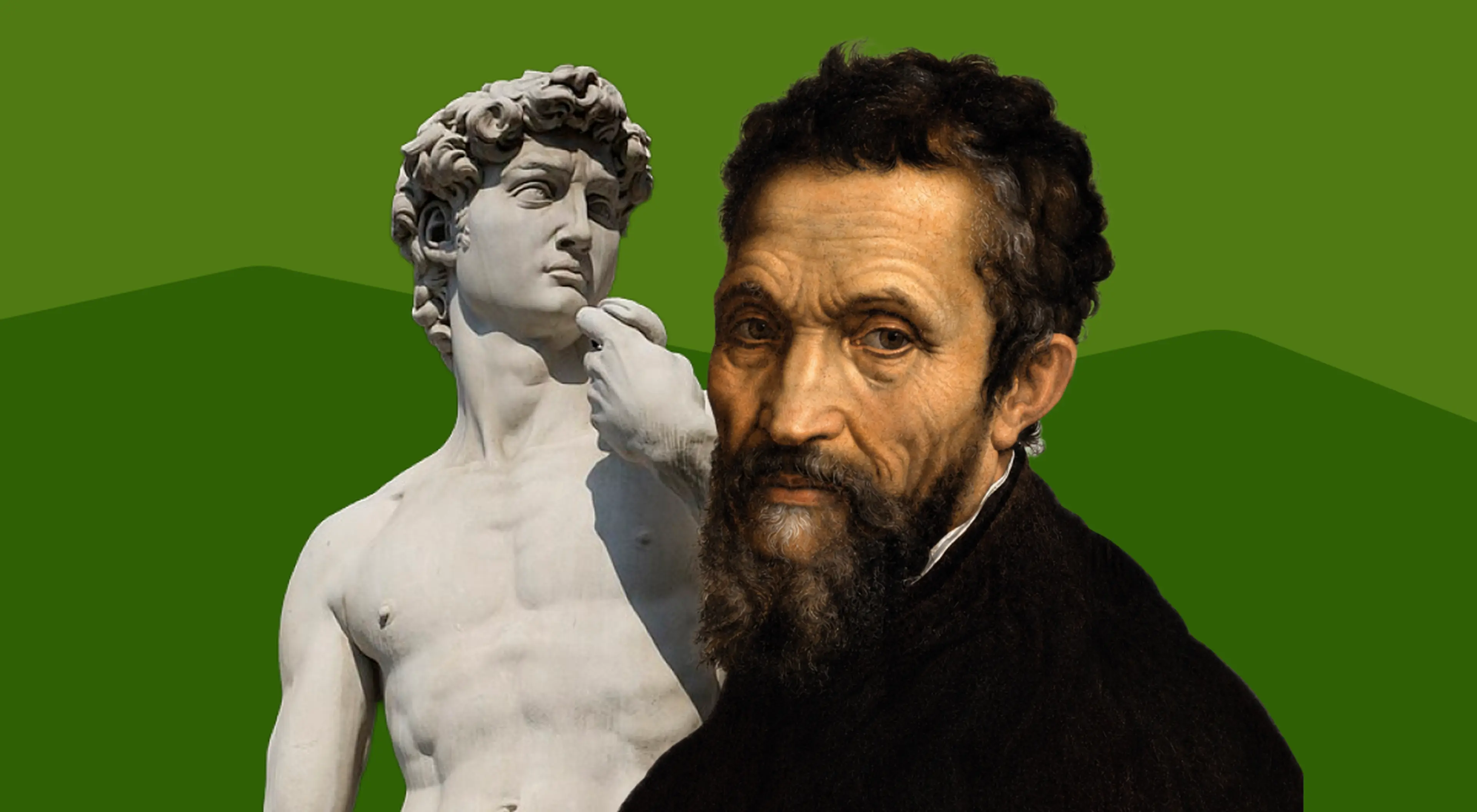 Portrait of Michelangelo with a bearded face beside his marble statue of David, one of his most famous sculptures, set against a layered green background