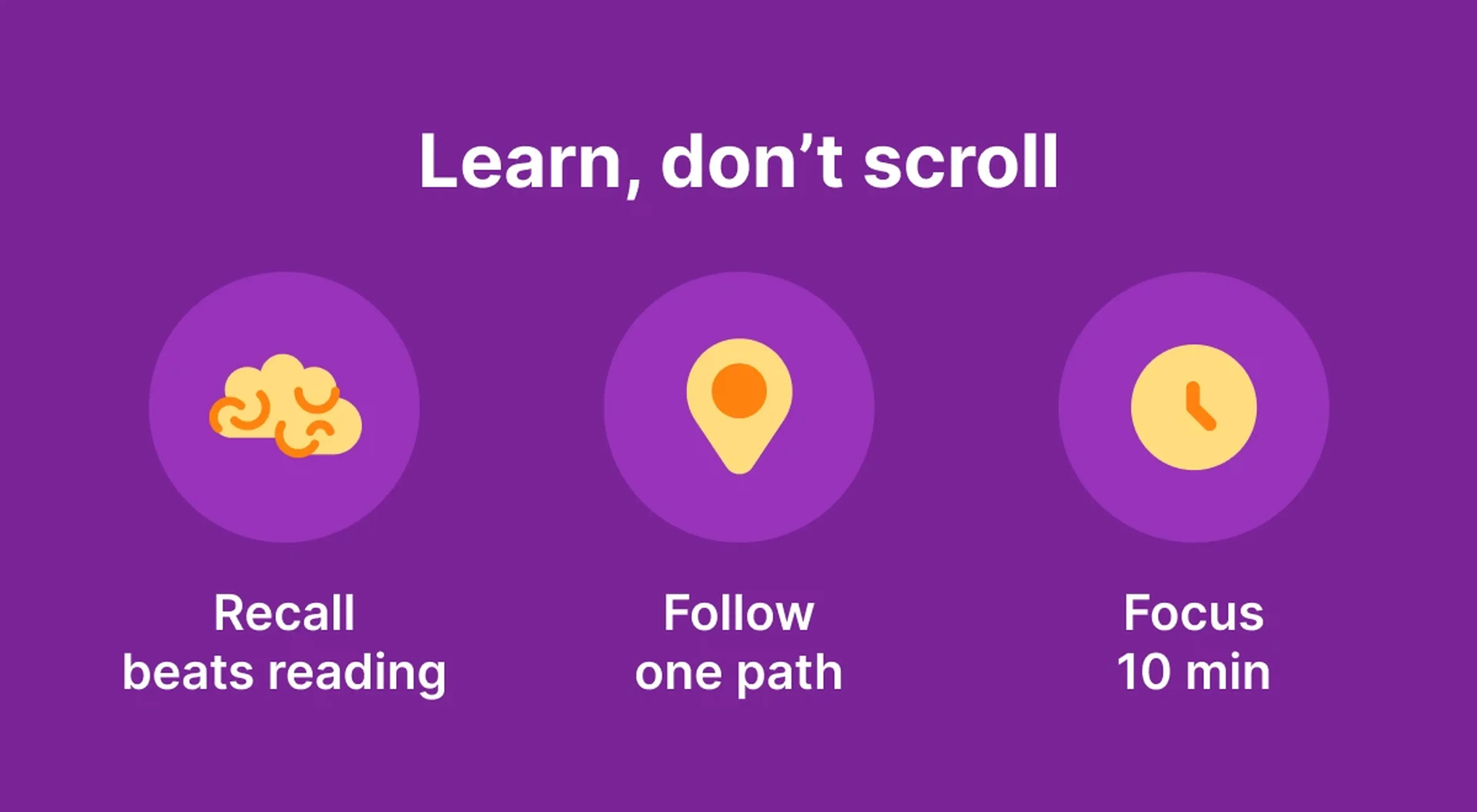 Purple infographic with three learning tips — recall beats reading, follow one path, and focus 10 min — with yellow icons on purple background