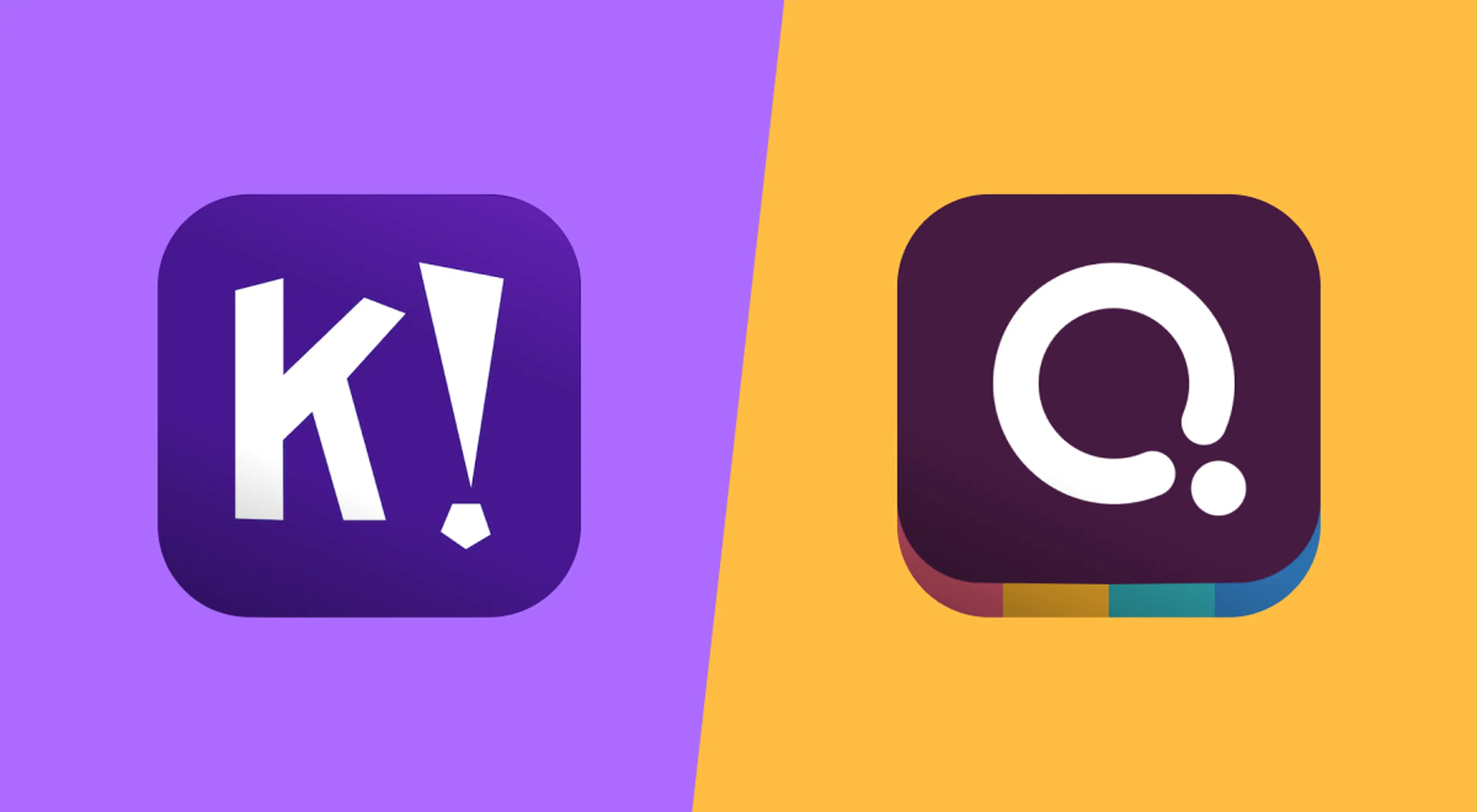 Kahoot and Quizizz app icons side by side on a split purple and orange background, comparing Kahoot vs Quizizz learning platforms
