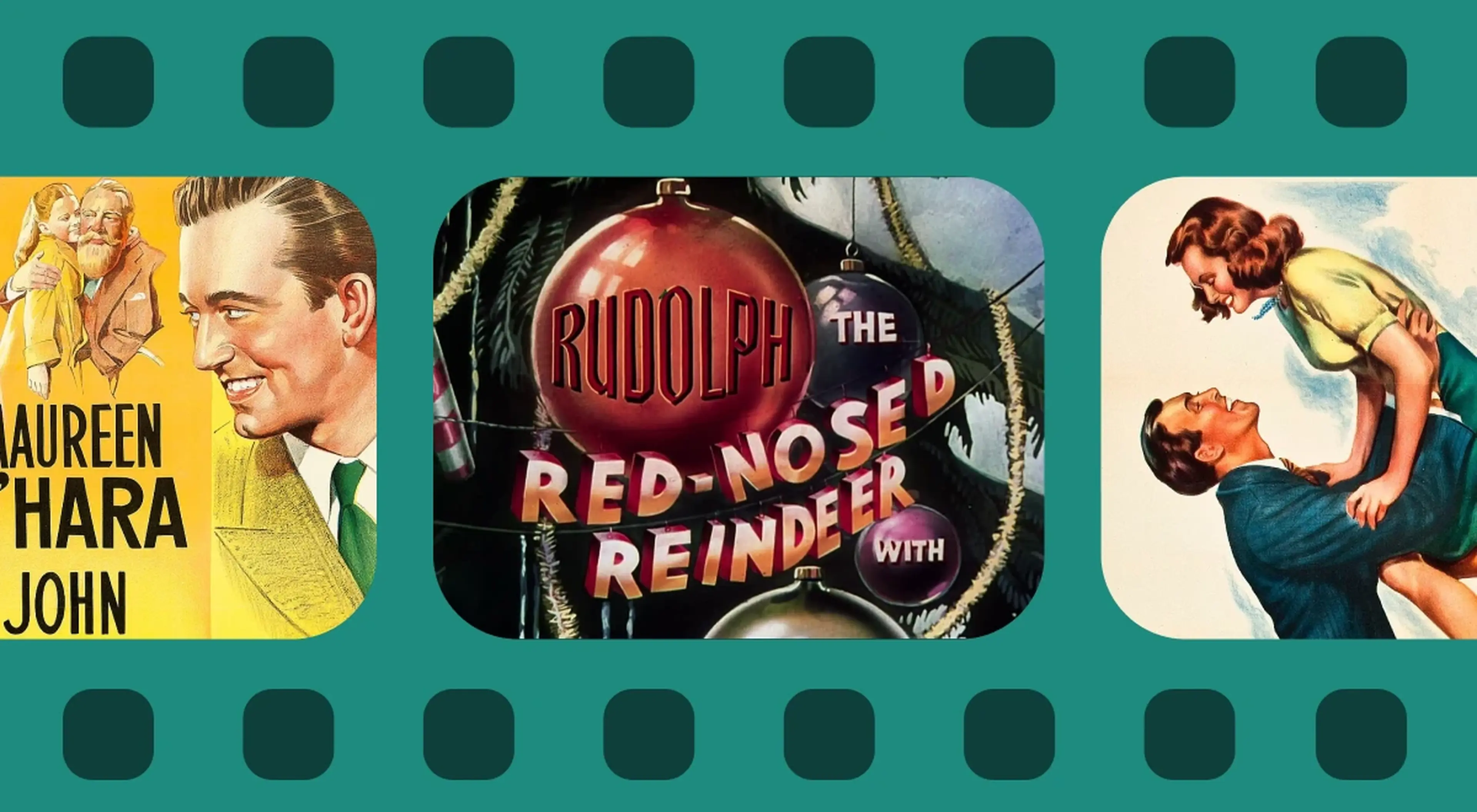 Vintage Christmas movie covers on a film strip background including Rudolph the Red-Nosed Reindeer and classic holiday films