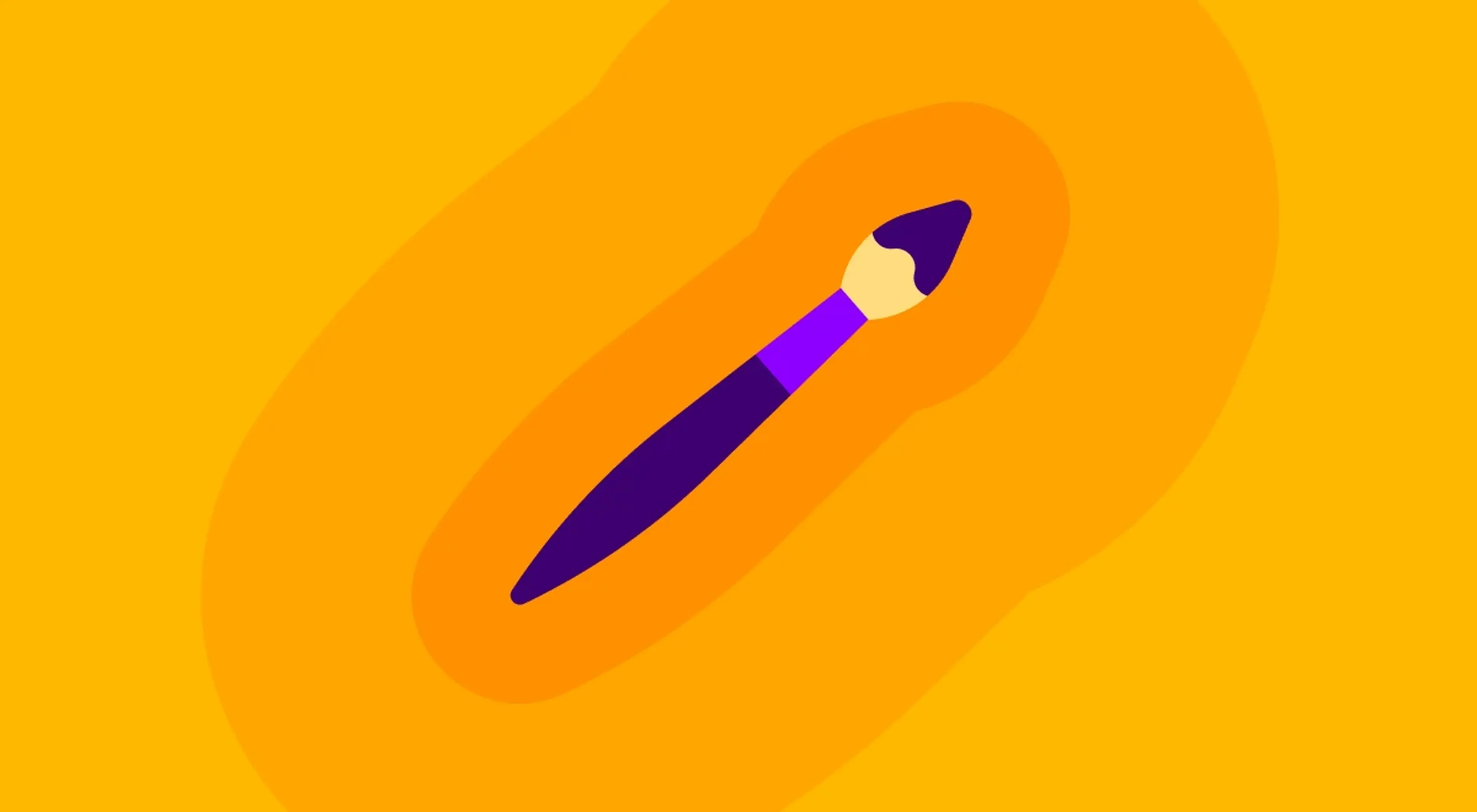Illustrated purple and violet paintbrush with a cream-colored tip on a warm orange background with abstract oval shapes, representing art trivia and creative activities