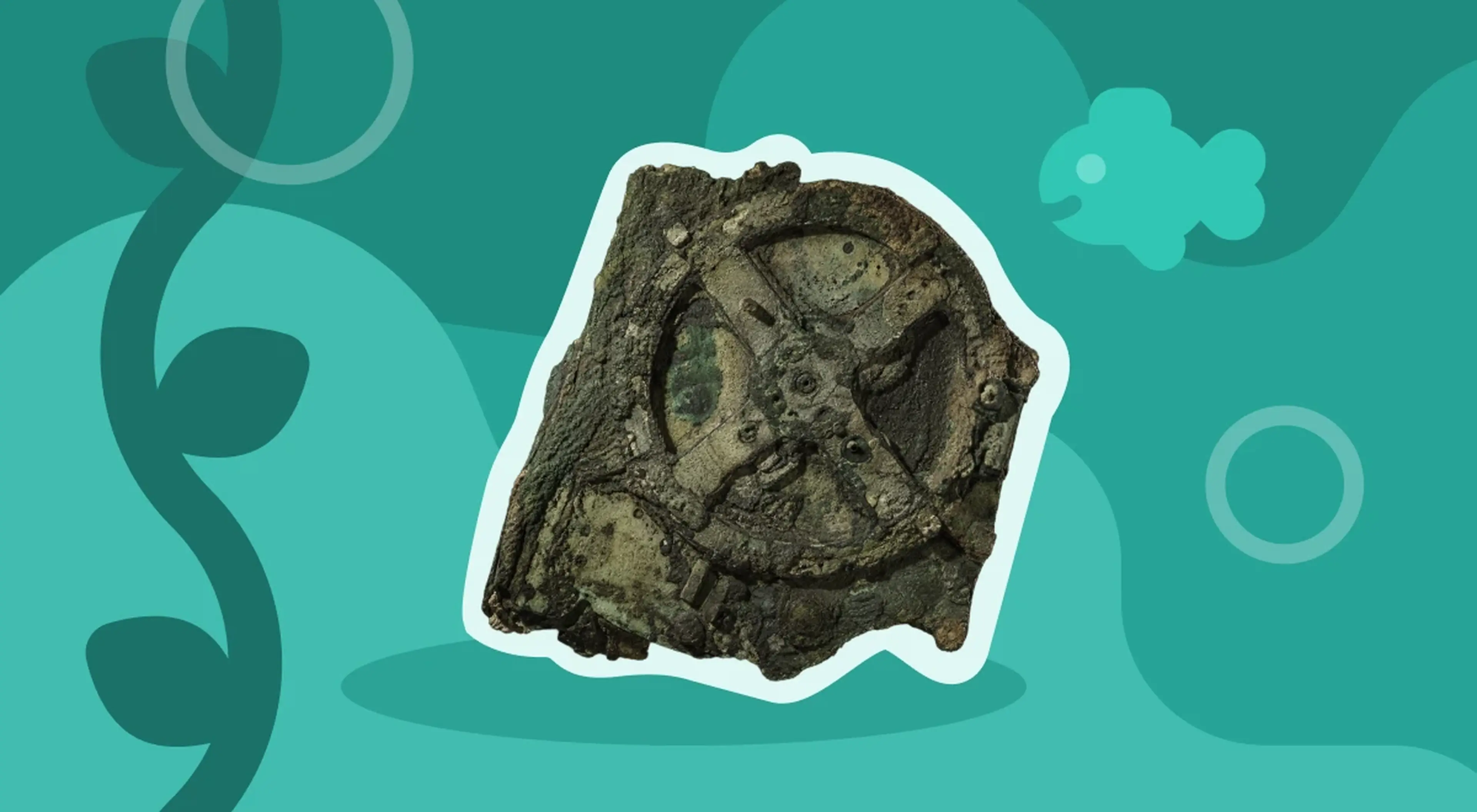 Fragment of the Antikythera mechanism, an ancient Greek analog computing device with intricate gears, displayed on a teal illustrated background with decorative shapes