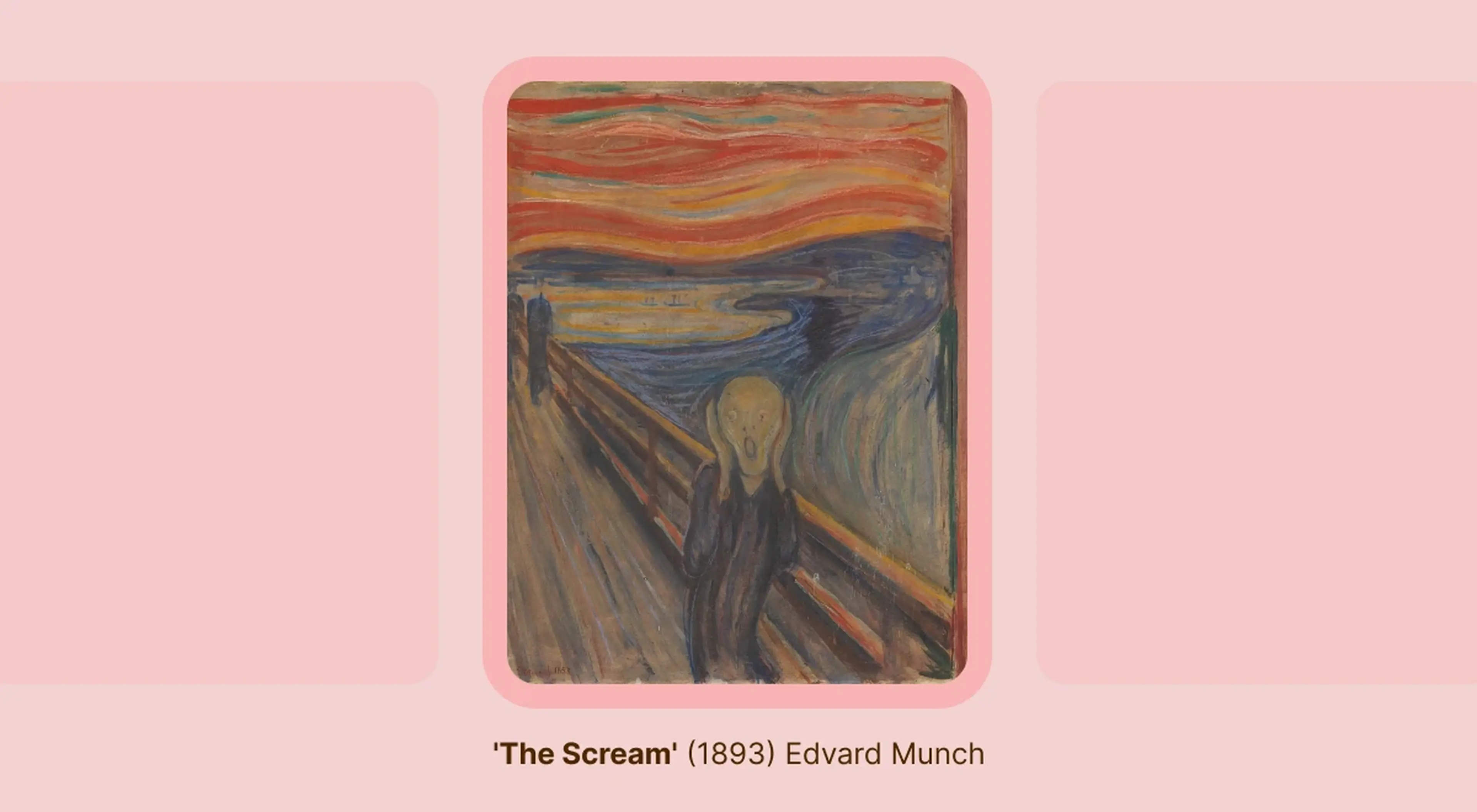 Edvard Munch's The Scream, a famous painting known worldwide, showing a distressed figure with hands on face against a swirling orange sky and a dark winding bridge