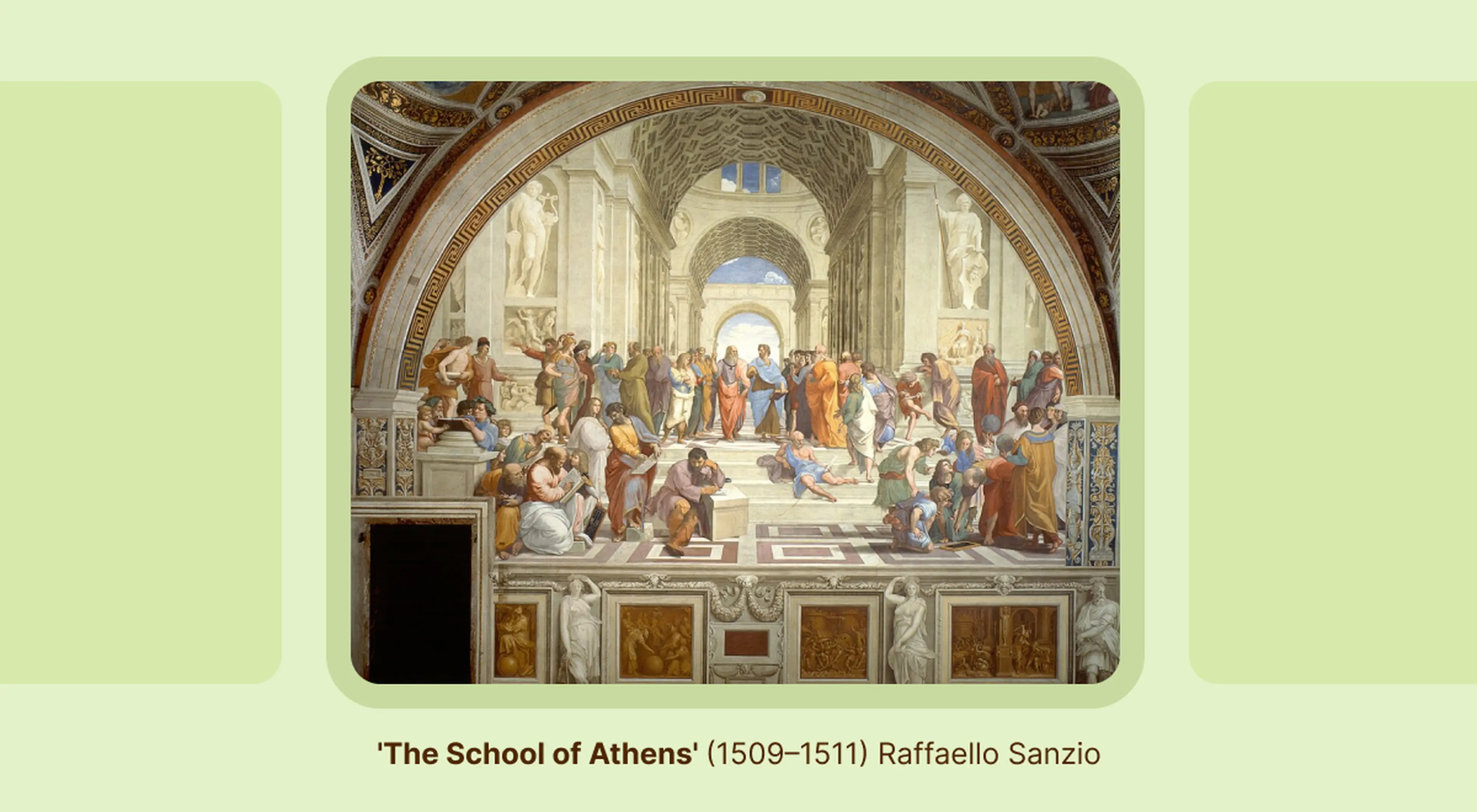 The School of Athens by Raphael, one of the most famous Renaissance paintings, showing ancient Greek philosophers gathered under grand classical arches and vaulted ceilings