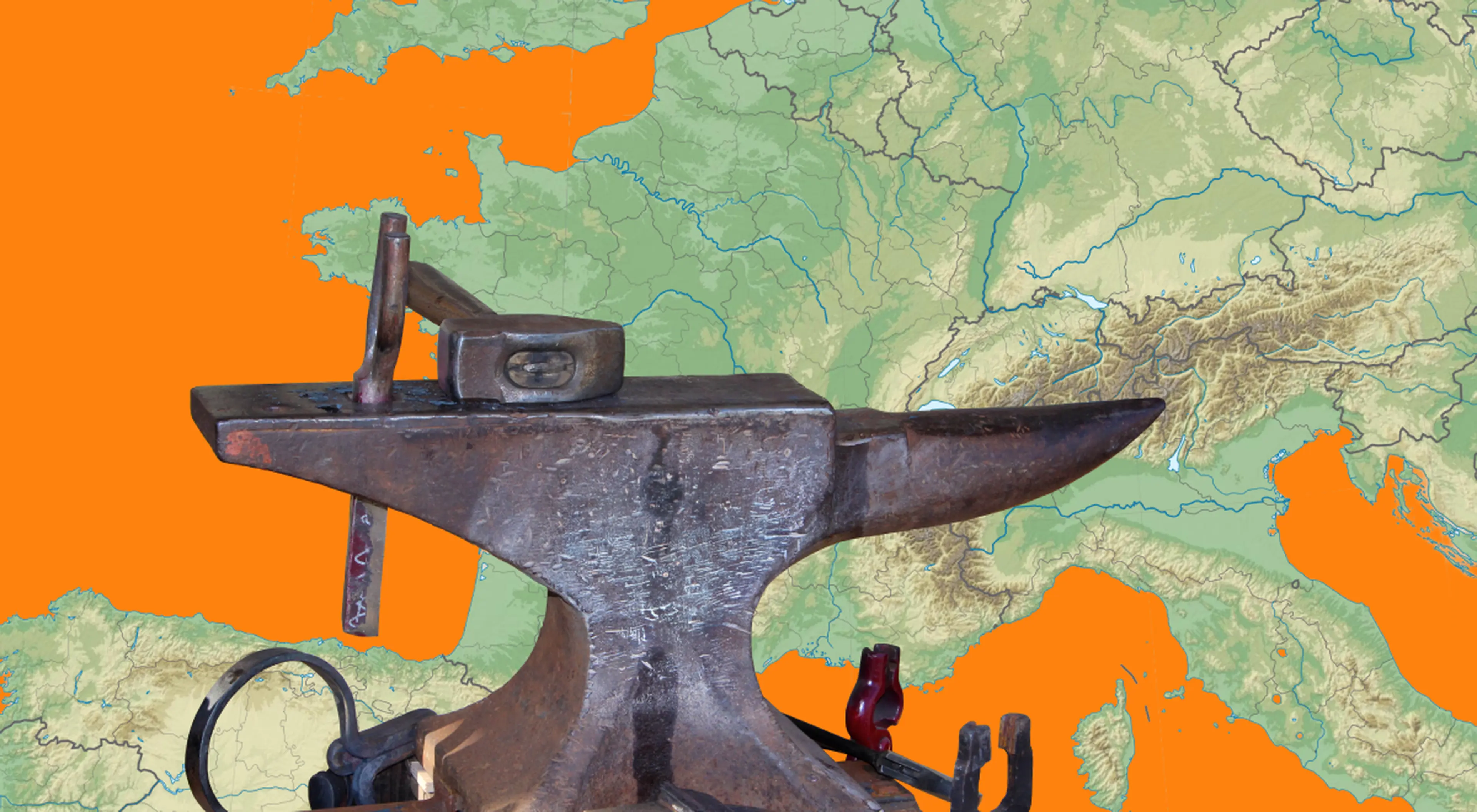 Old blacksmith anvil with hammer and tools set against a topographic map of Europe on an orange background, illustrating where do last names come from and their occupational origins