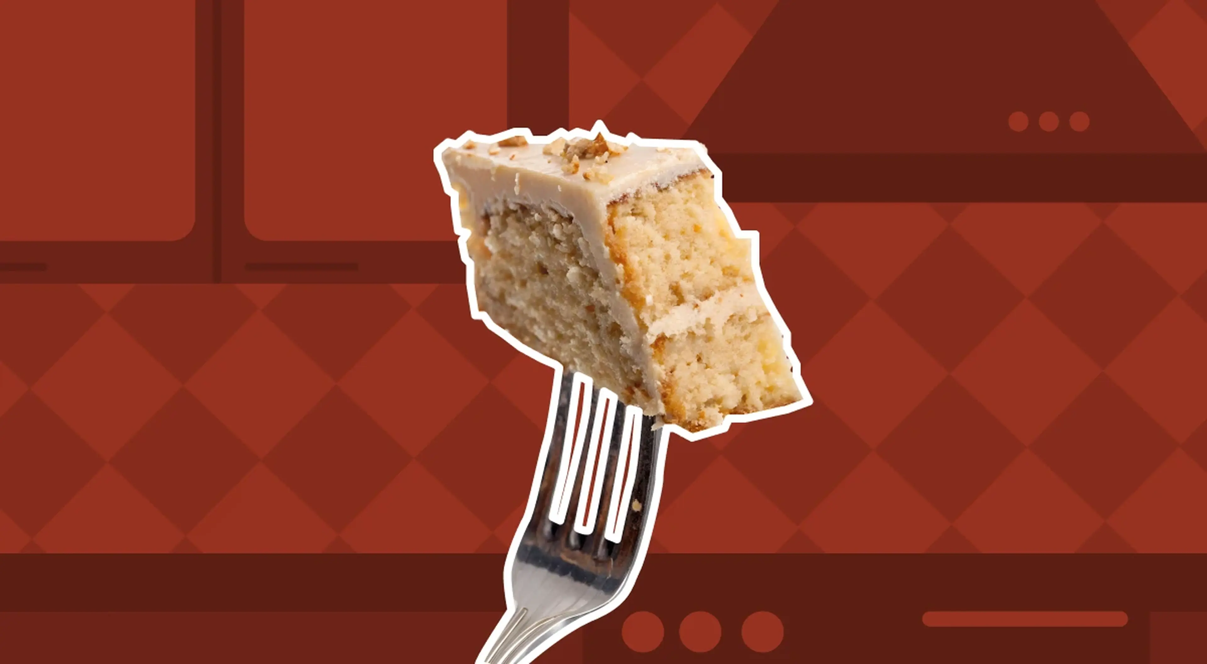 Slice of layered cake on a silver fork against a red geometric background with illustrated kitchen elements, representing bite-sized microlearning benefits for modern learners