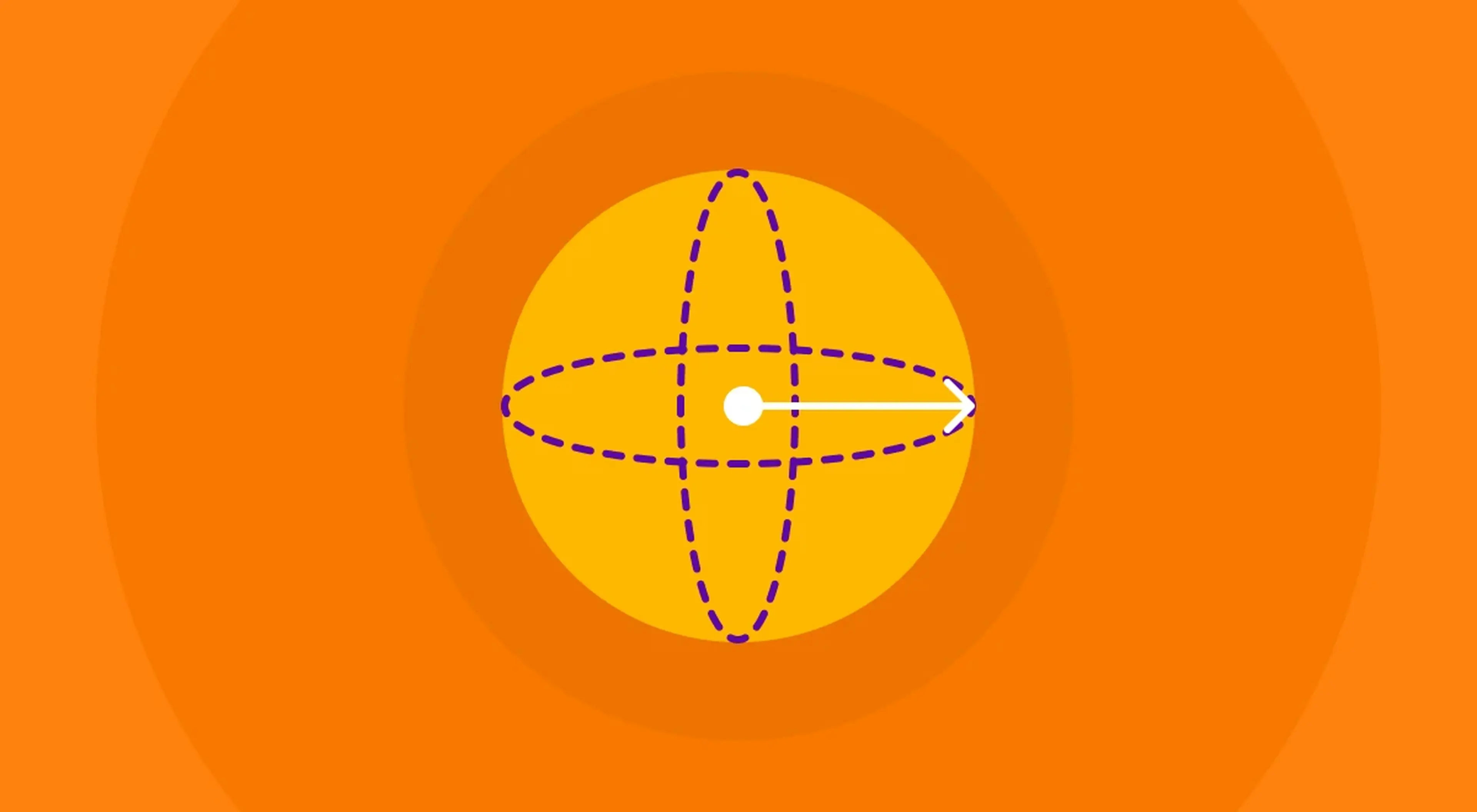 Illustrated yellow sphere with dashed purple radius lines and a white arrow on an orange concentric circle background showing sphere geometry