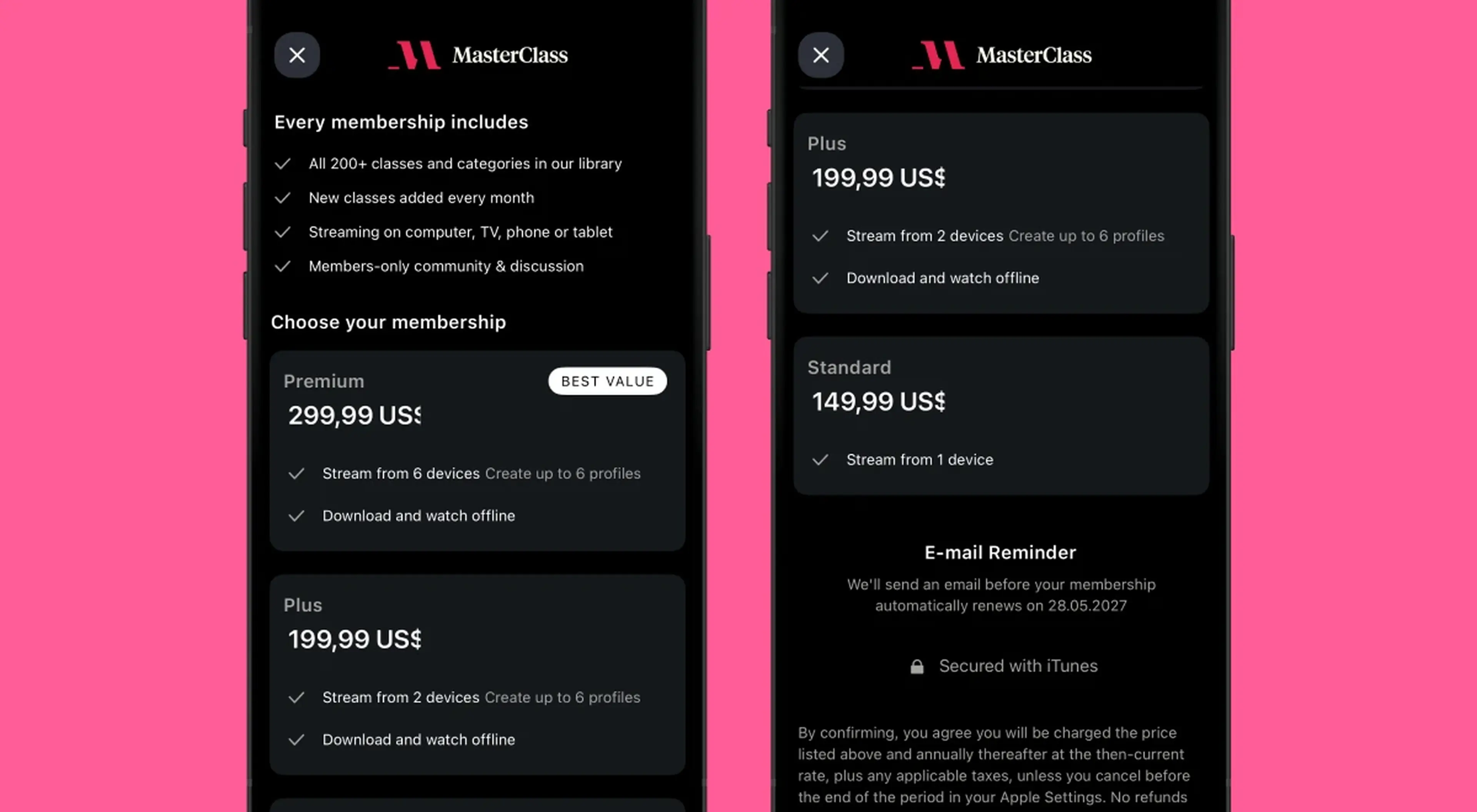 MasterClass membership pricing screens on iPhone showing Premium, Plus, and Standard subscription plans with pricing in US dollars