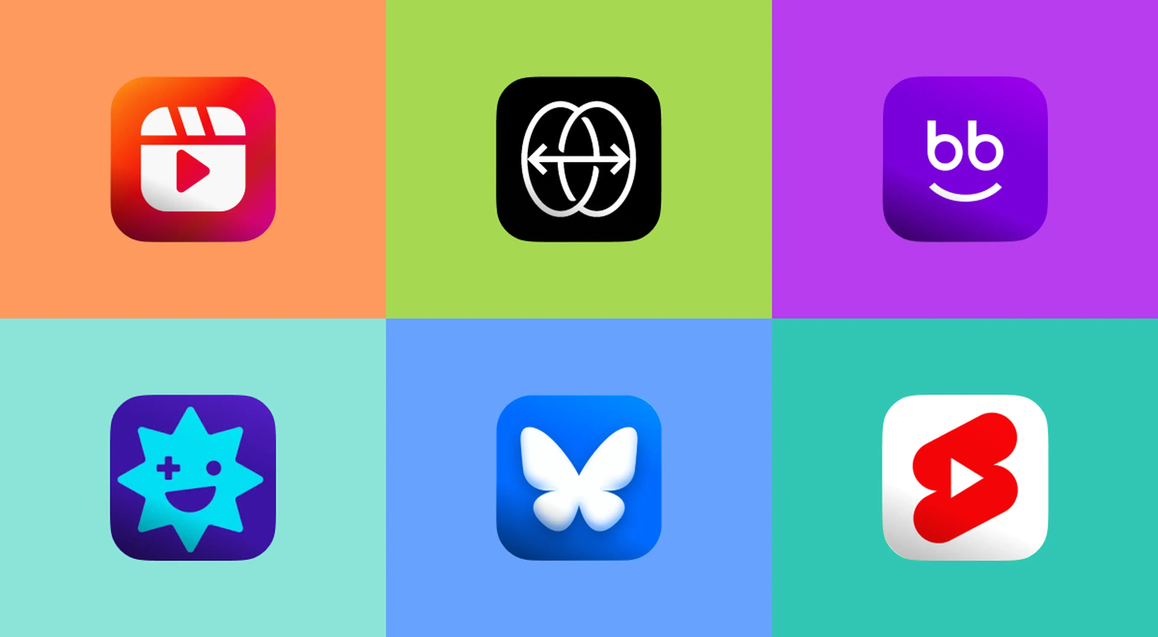 Icônes d'applications comme TikTok sur fonds colorés, dont Instagram Reels, BeReal, Bluesky et YouTube Shorts