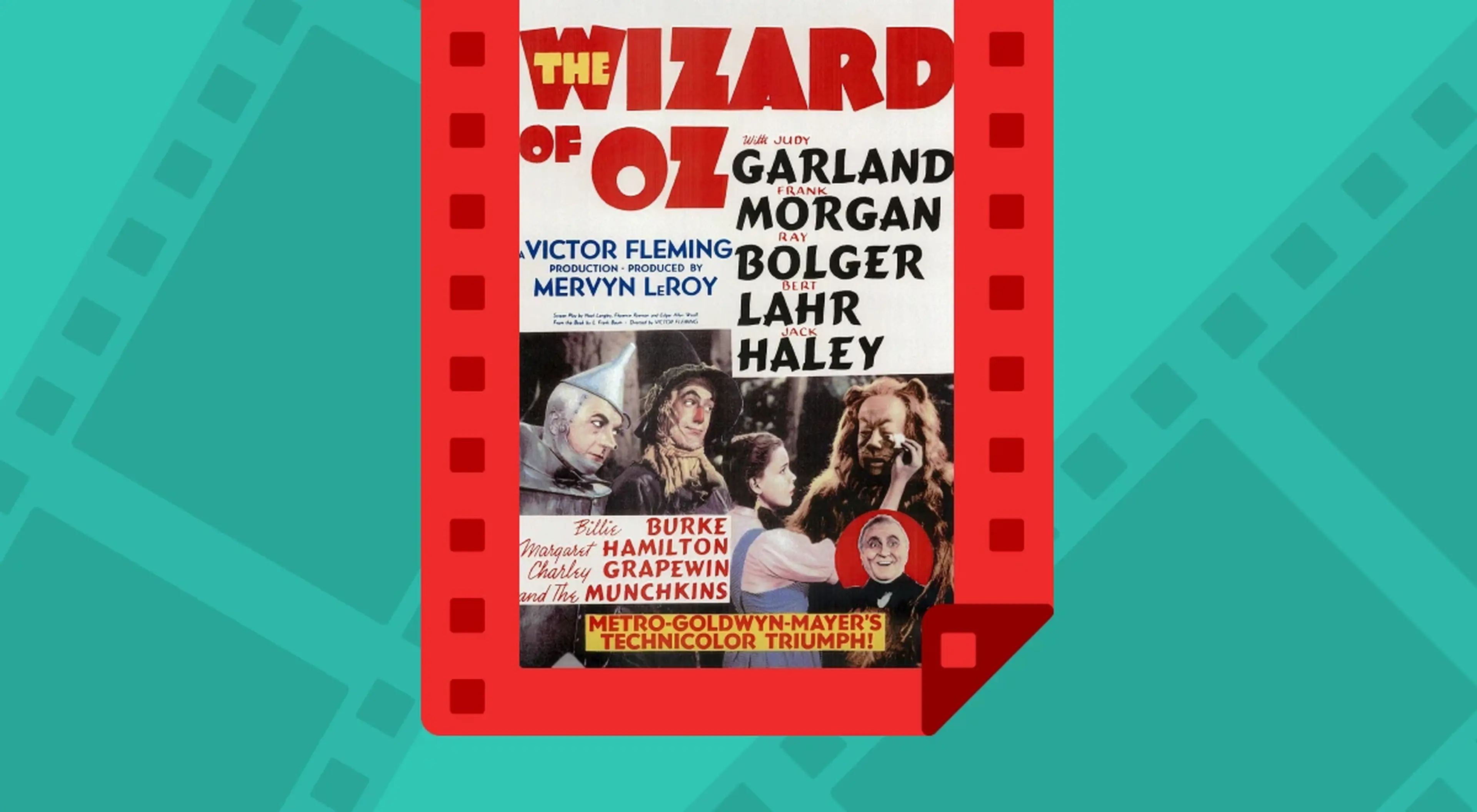 The Wizard of Oz classic movie poster displayed on red filmstrip frame against teal background with filmstrip pattern, cinema trivia