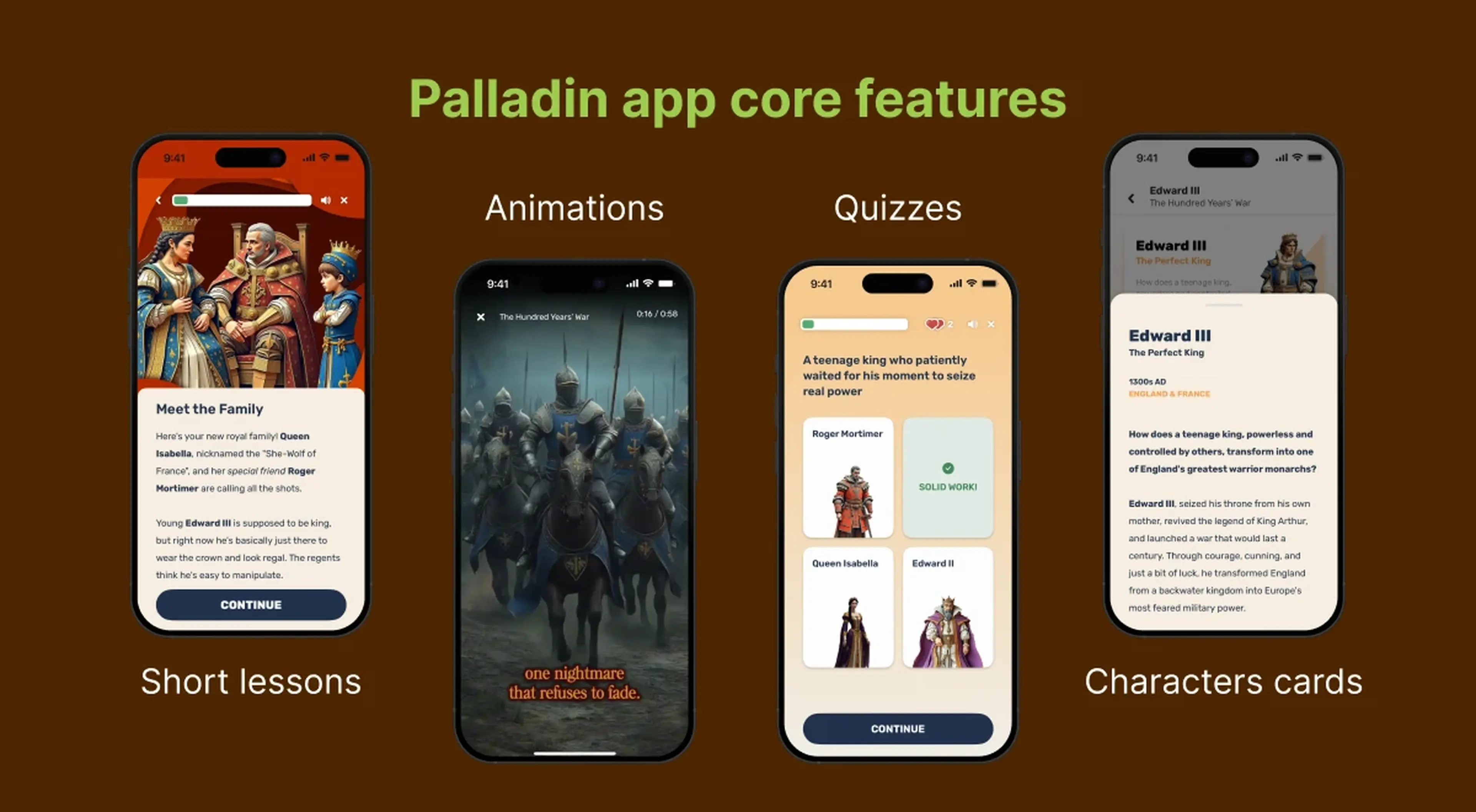Palladin app core features — short lessons, animations, quizzes, and character cards — shown across four phone screens on a dark brown brick background