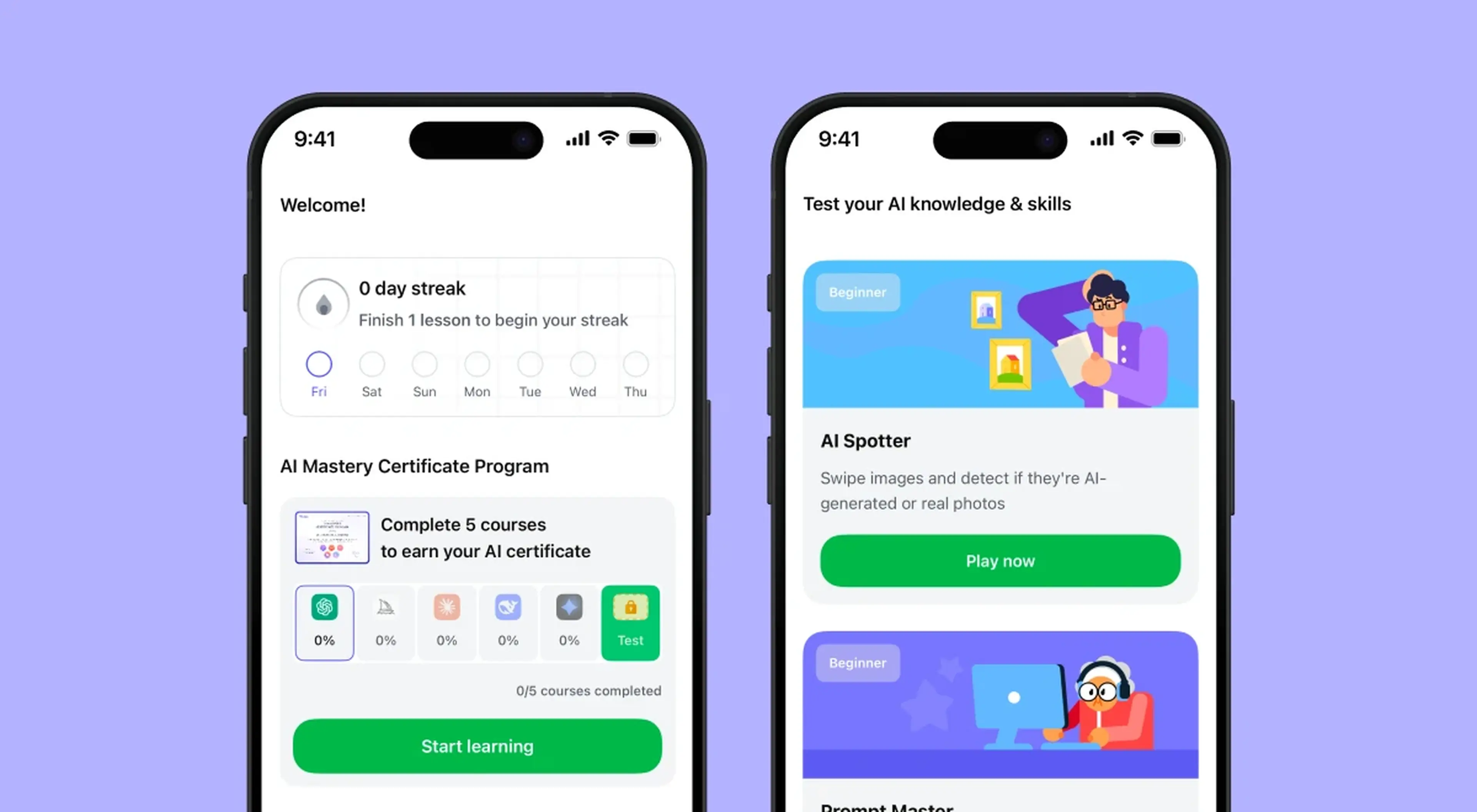 Two iPhone screens displaying Coursiv app onboarding with a day streak tracker, AI Mastery Certificate Program, and an AI Spotter quiz feature with illustrated characters