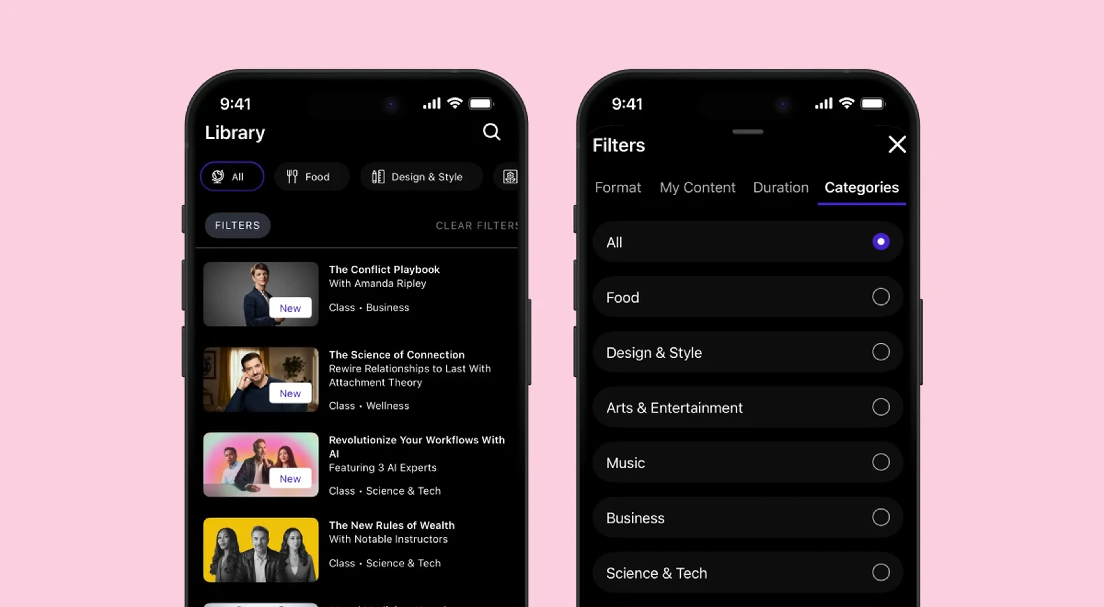 Two MasterClass app screens displaying the Library with course list and Filters menu with categories including Food, Design, Arts, Music, and Business on pink background