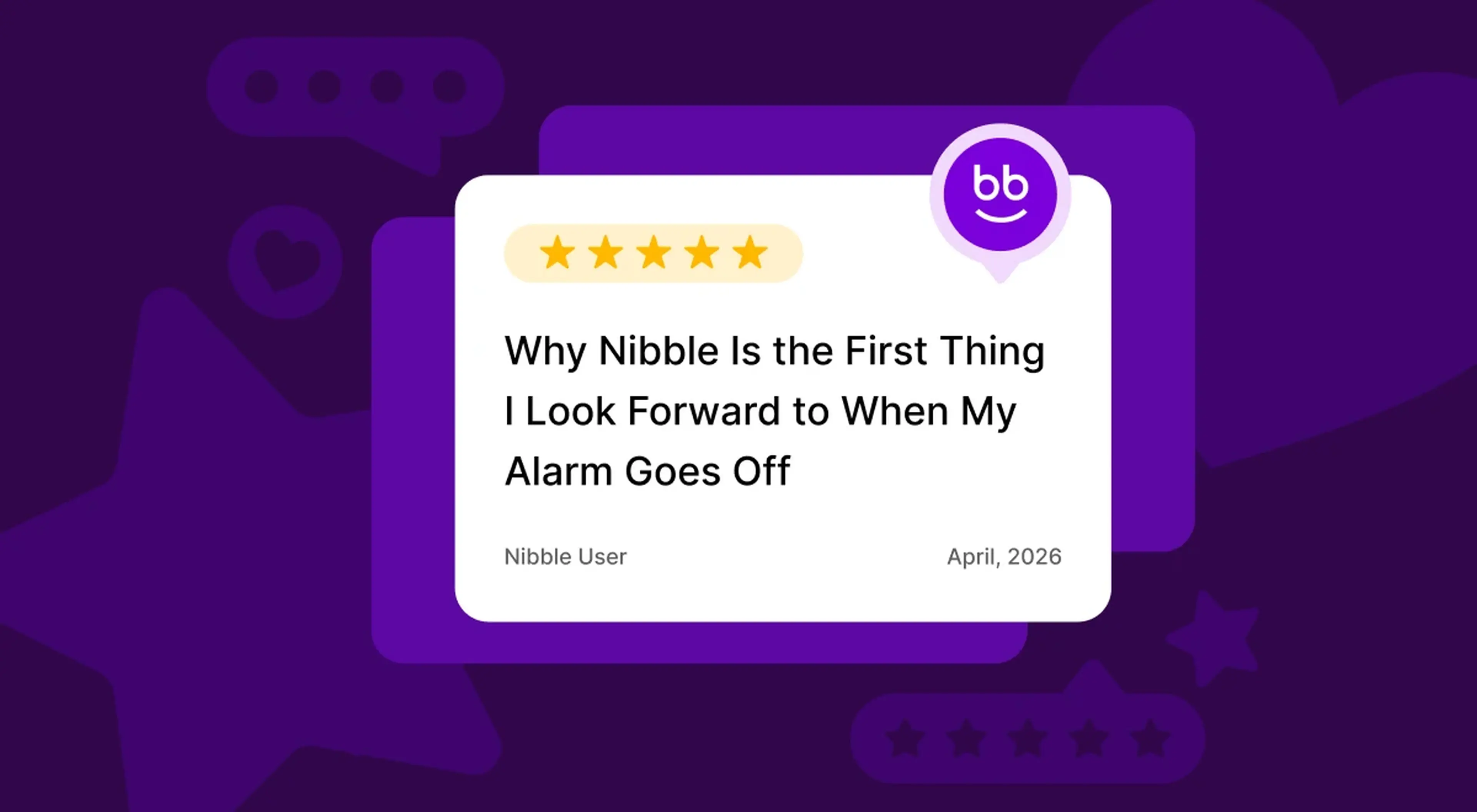Nibble app user review card with five gold stars on a dark purple background with decorative chat bubble illustrations, praising the microlearning experience