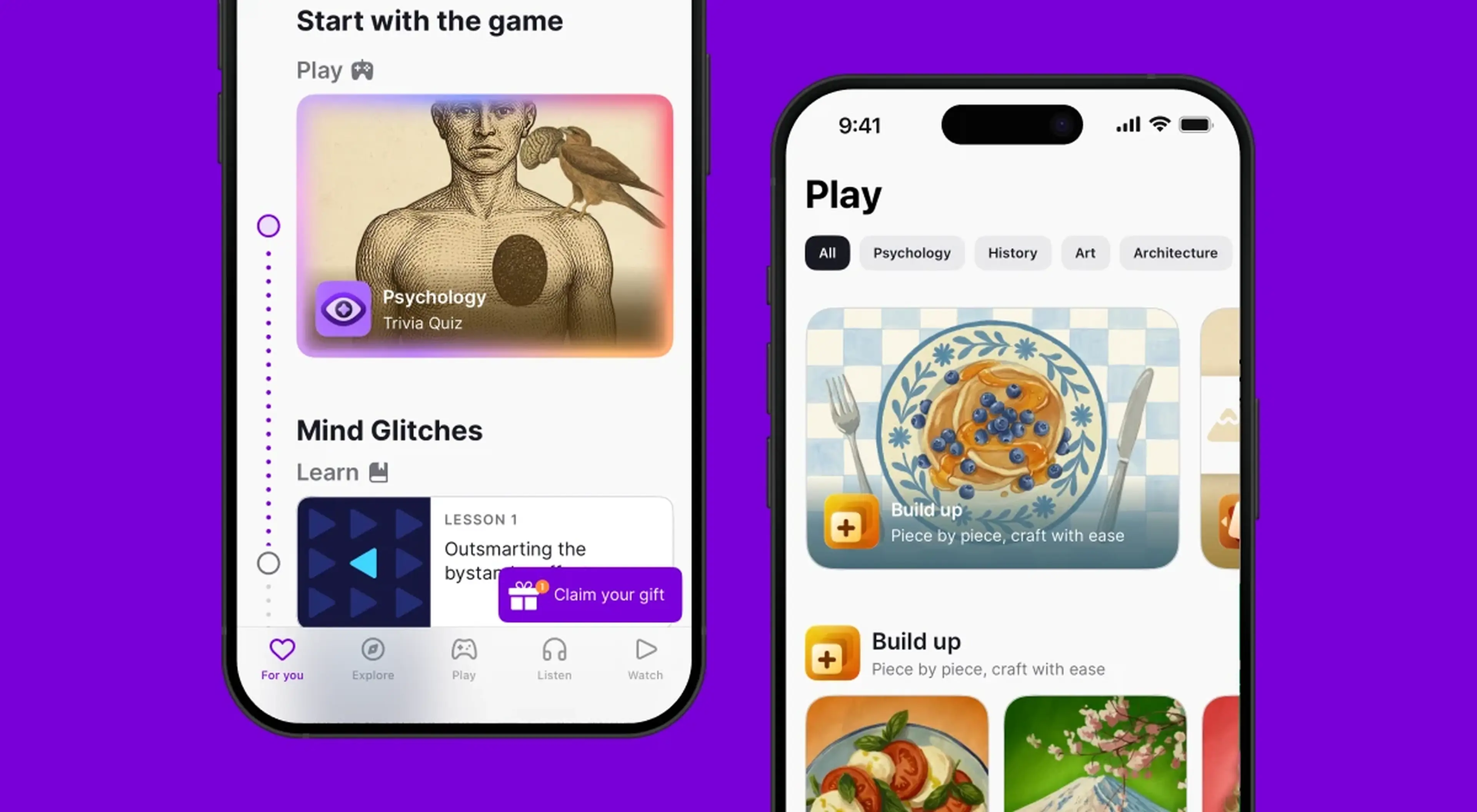 Two smartphones on a purple background showing Nibble app screens with Psychology trivia quiz and Play section featuring art and architecture learning games