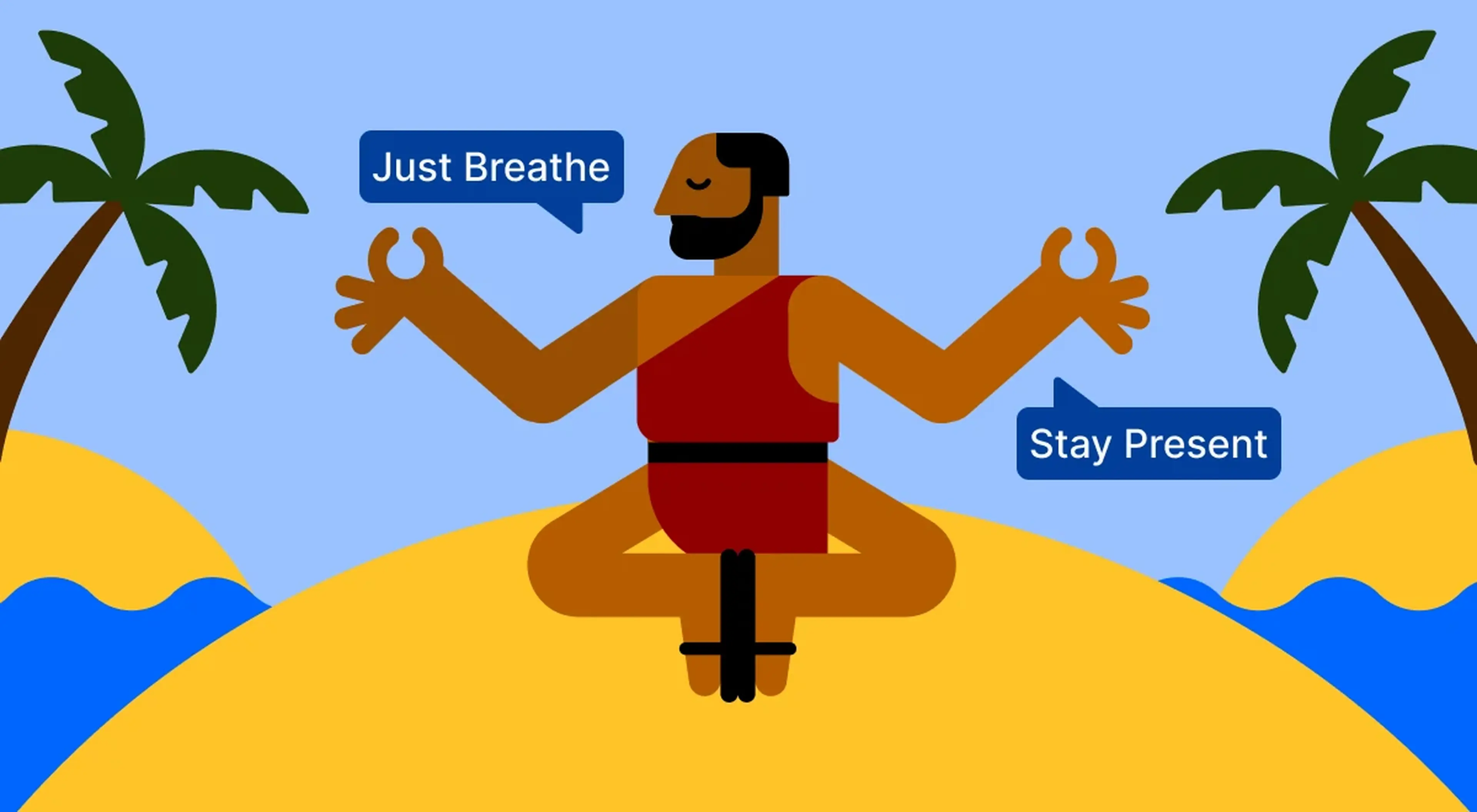 Illustrated man meditating in lotus pose on a sandy island with palm trees and blue sky, representing mindfulness and breathing exercises for personal growth
