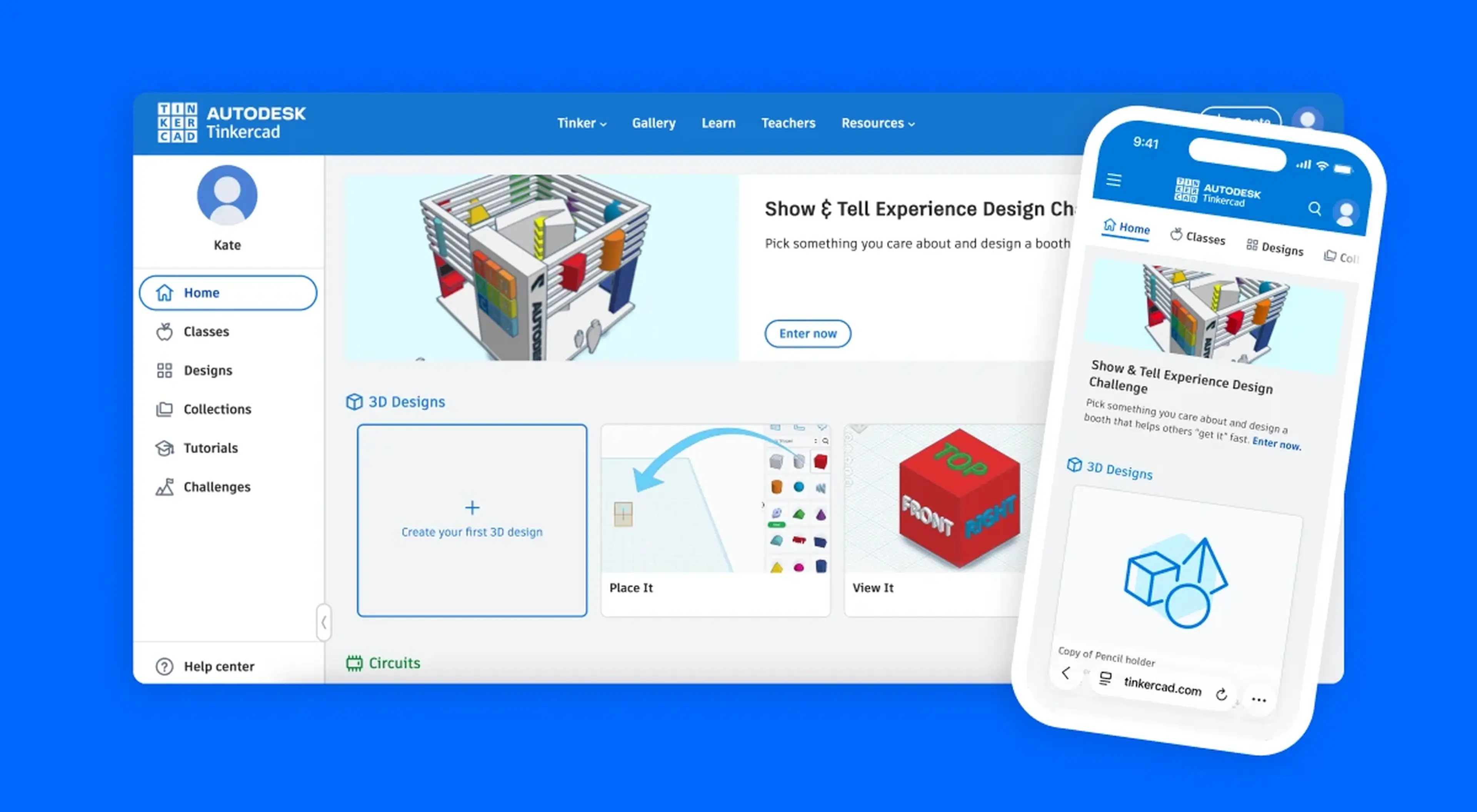 Tinkercad website interface shown on desktop and mobile screens with 3D design projects on a blue background