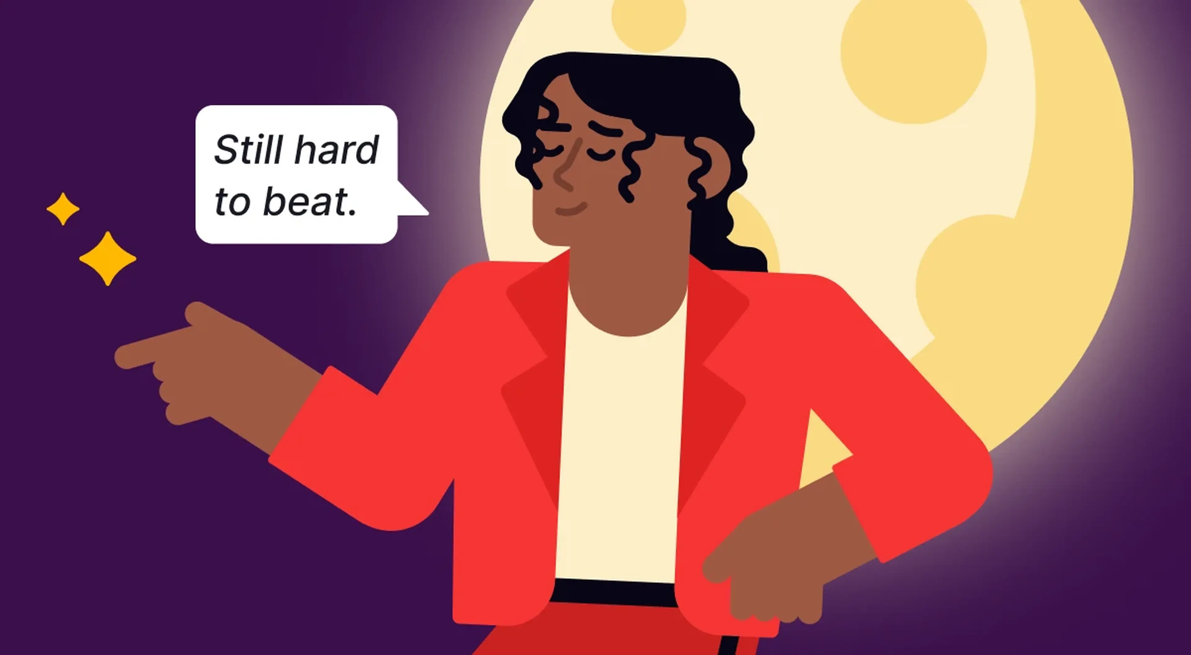 Illustrated woman in a red blazer pointing sideways against a purple night sky with a large moon, representing a pop culture theme