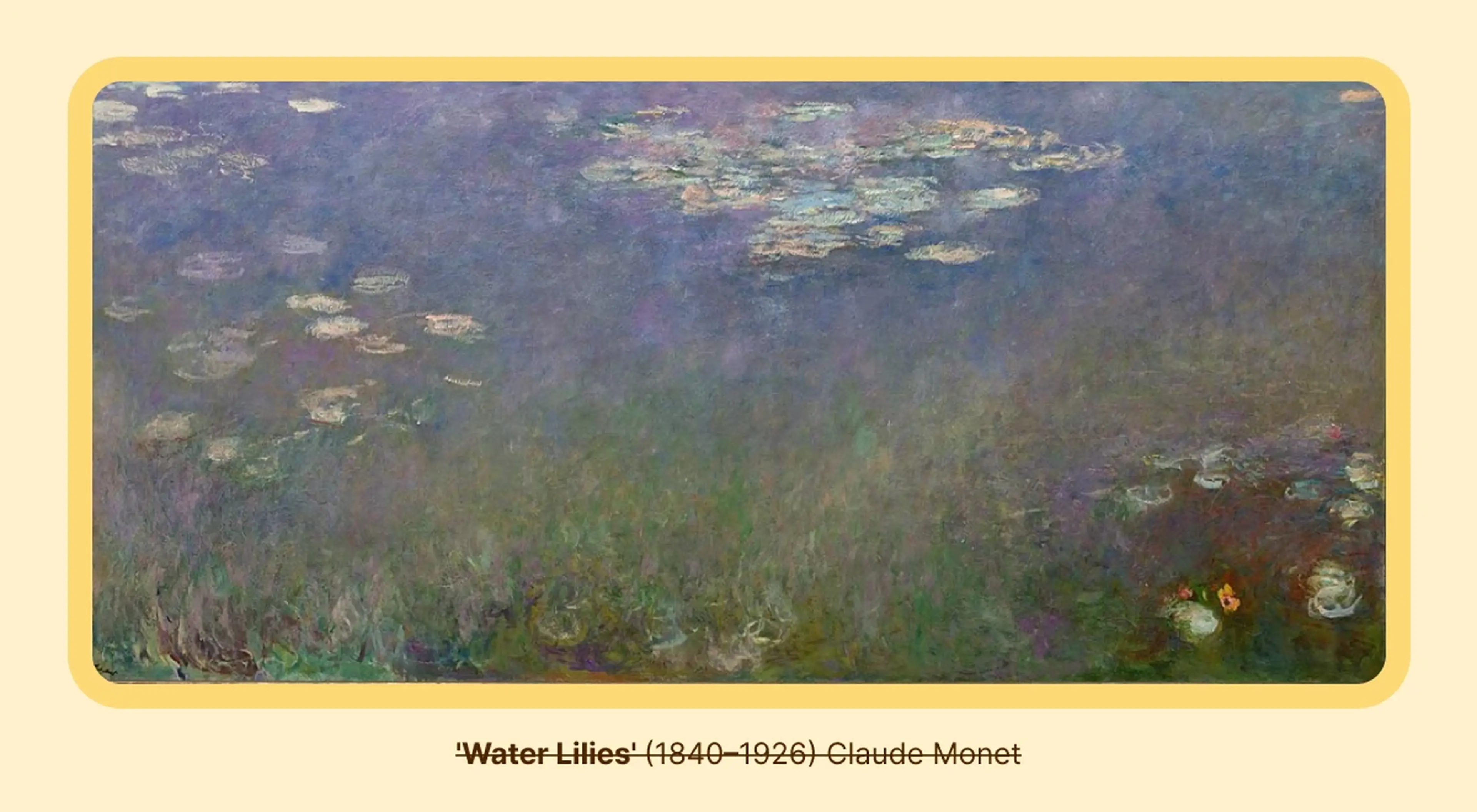 Claude Monet's Water Lilies painting used in an art trivia quiz, depicting a tranquil pond with floating lily pads, soft purple and green reflections and blurred impressionist brushstrokes