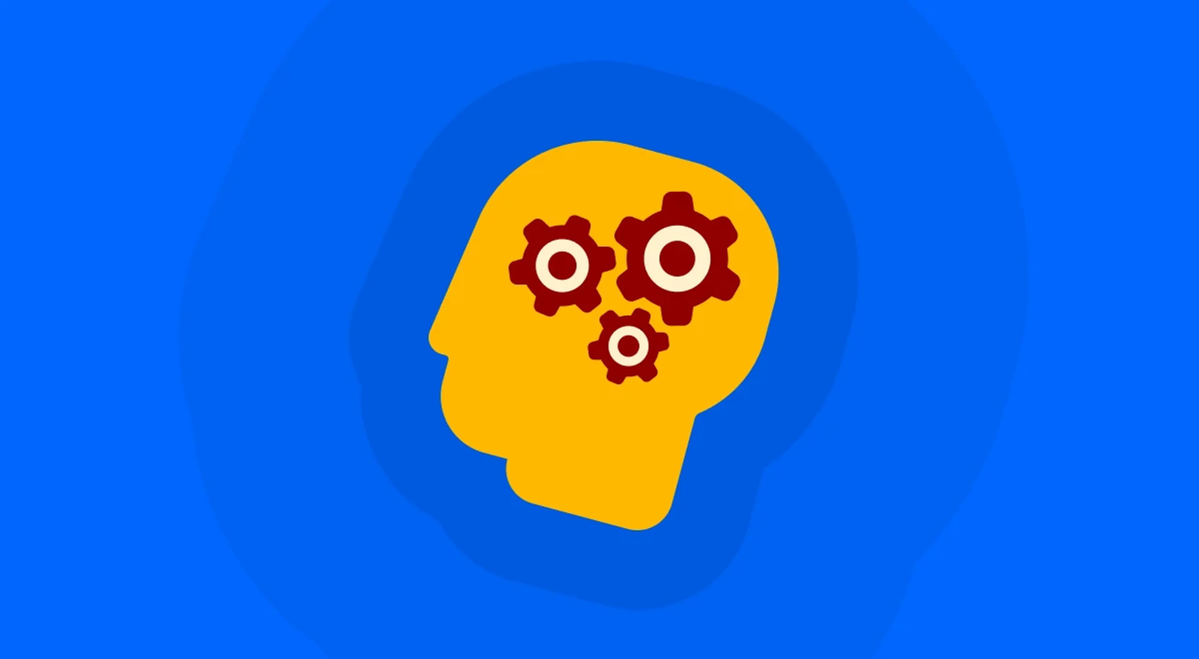 Illustration of a human head silhouette with gears turning inside, representing critical thinking exercises and cognitive problem-solving on a blue background