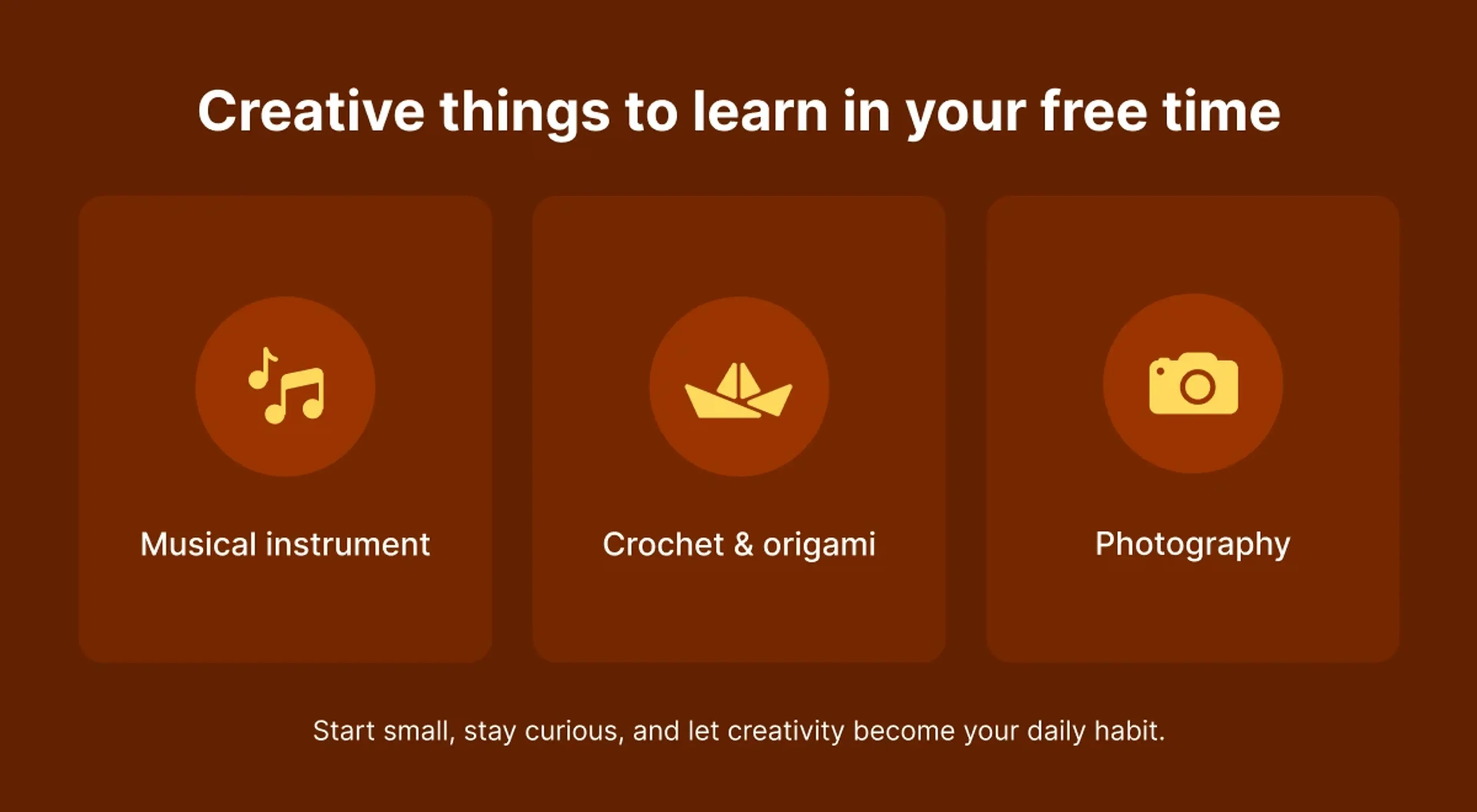 Three creative life skills cards on dark red background — musical instrument, crochet and origami, and photography icons — illustrating new skills to learn in free time