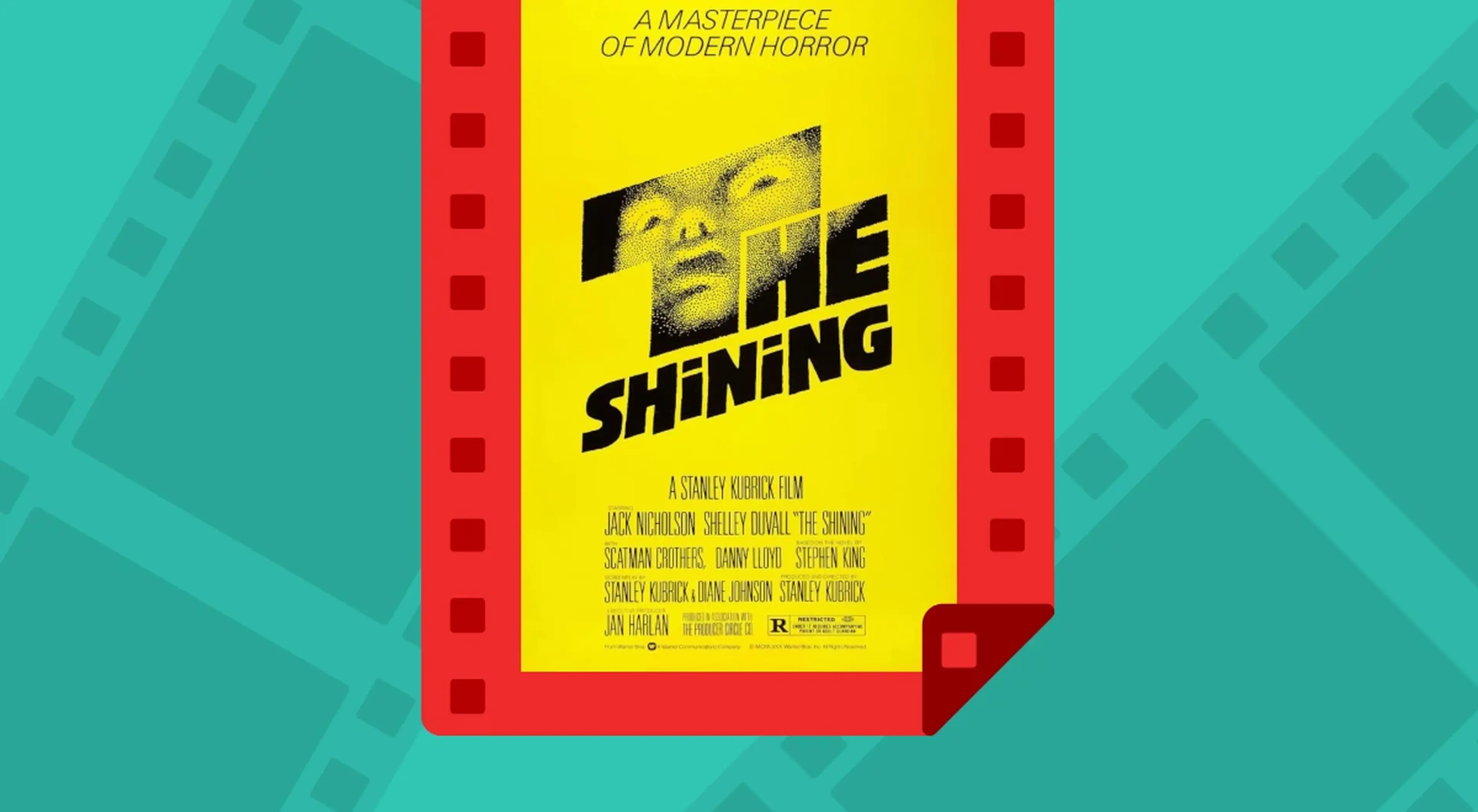 The Shining classic horror movie poster with yellow design on red filmstrip frame against teal background, cinema trivia