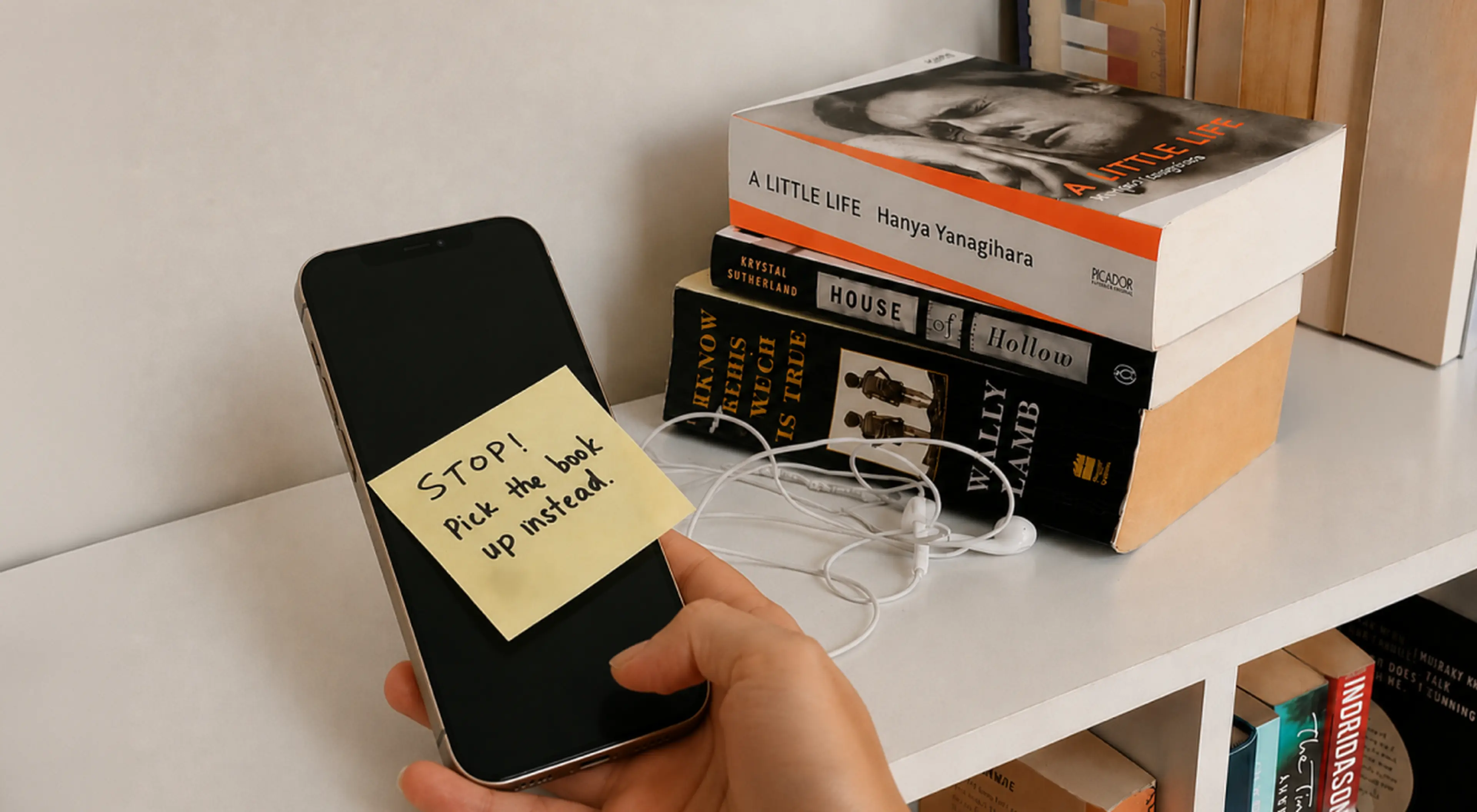 Hand holding a smartphone with a sticky note reminding to pick up a book instead, beside a stack of novels and earbuds, illustrating what to do instead of doomscrolling
