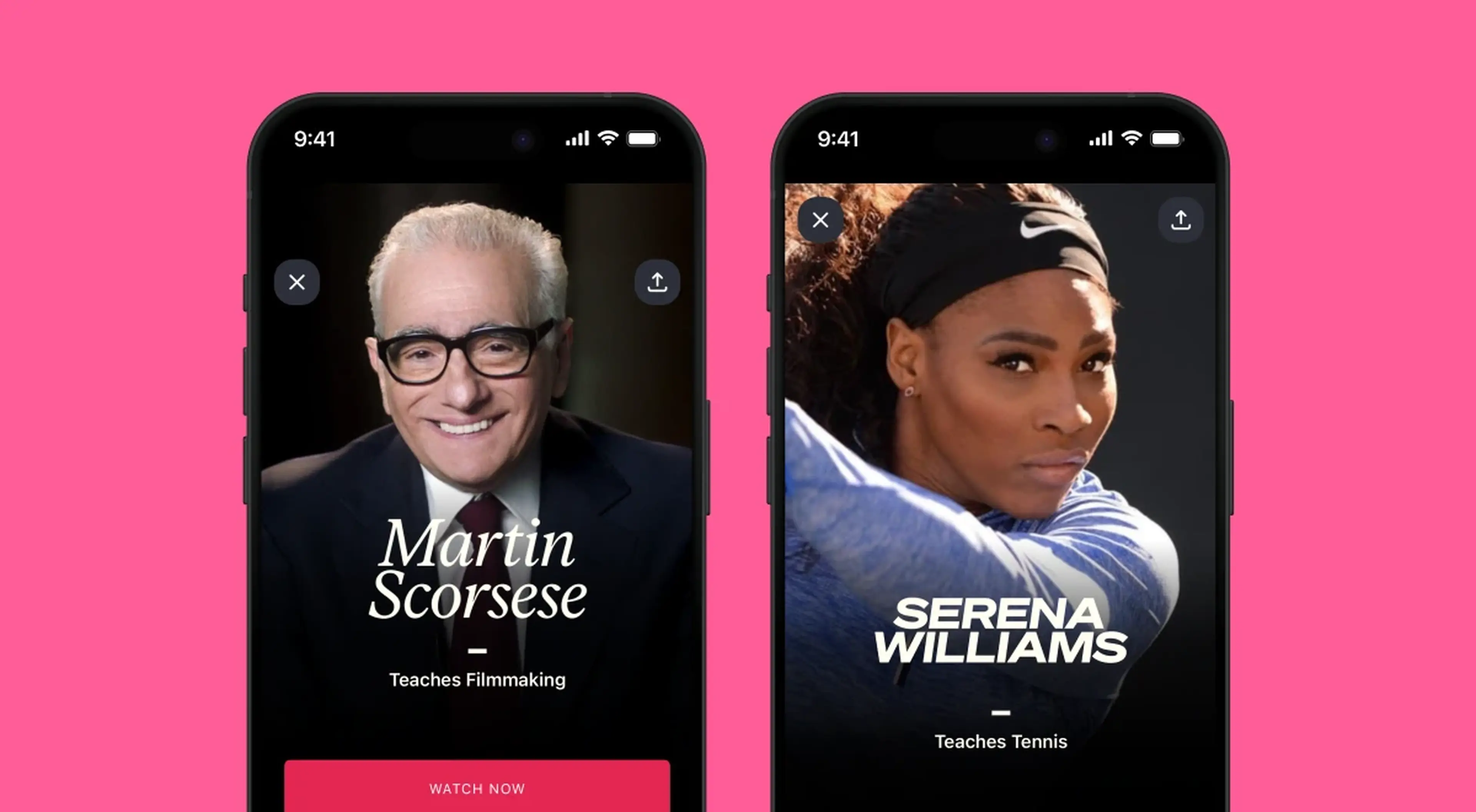 Two MasterClass app screens showing Martin Scorsese Teaches Filmmaking and Serena Williams Teaches Tennis courses on pink background
