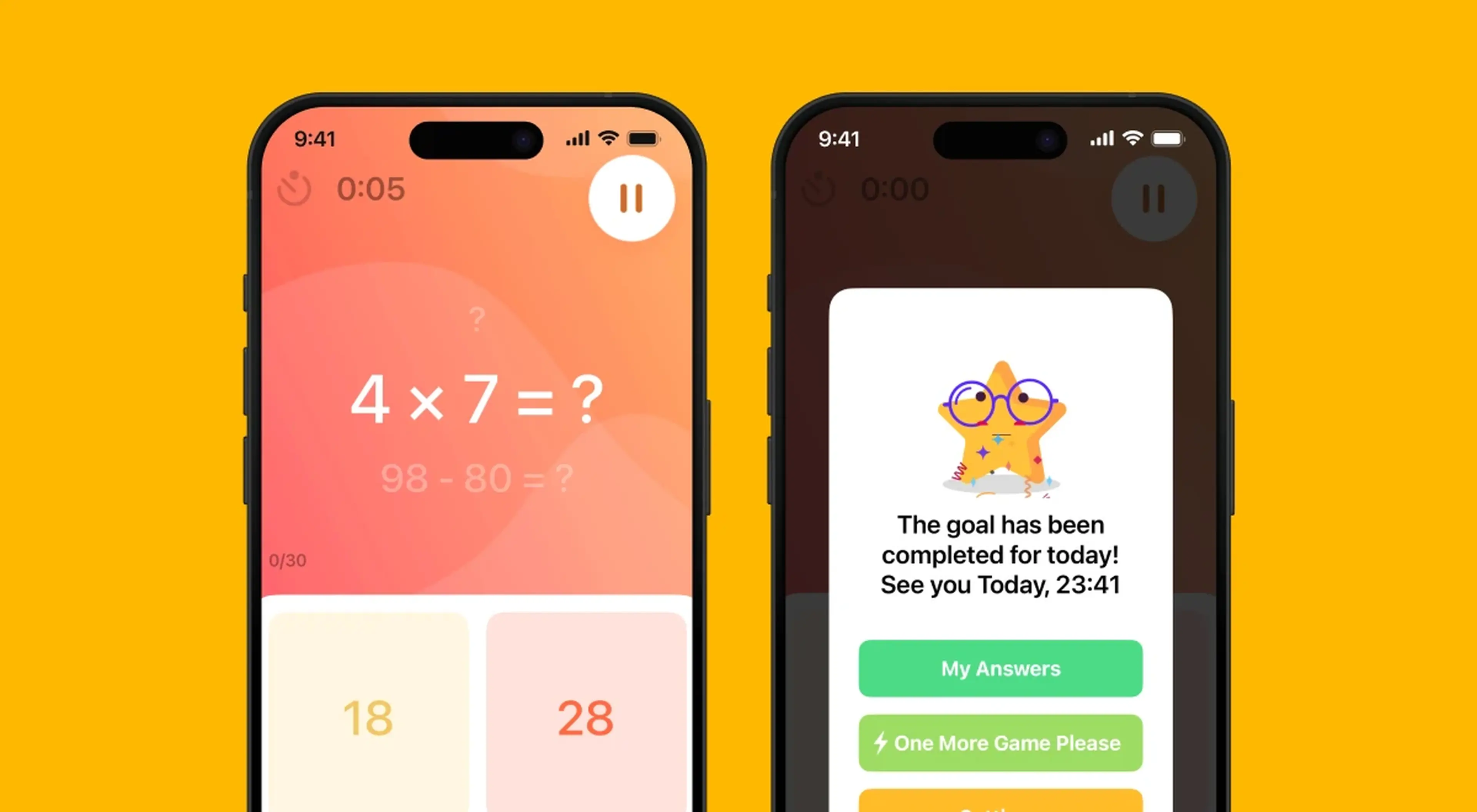 Two iPhone screenshots of Brain Gym app showing a multiplication math quiz _4×7=__ with answer options and a goal completion screen on orange background