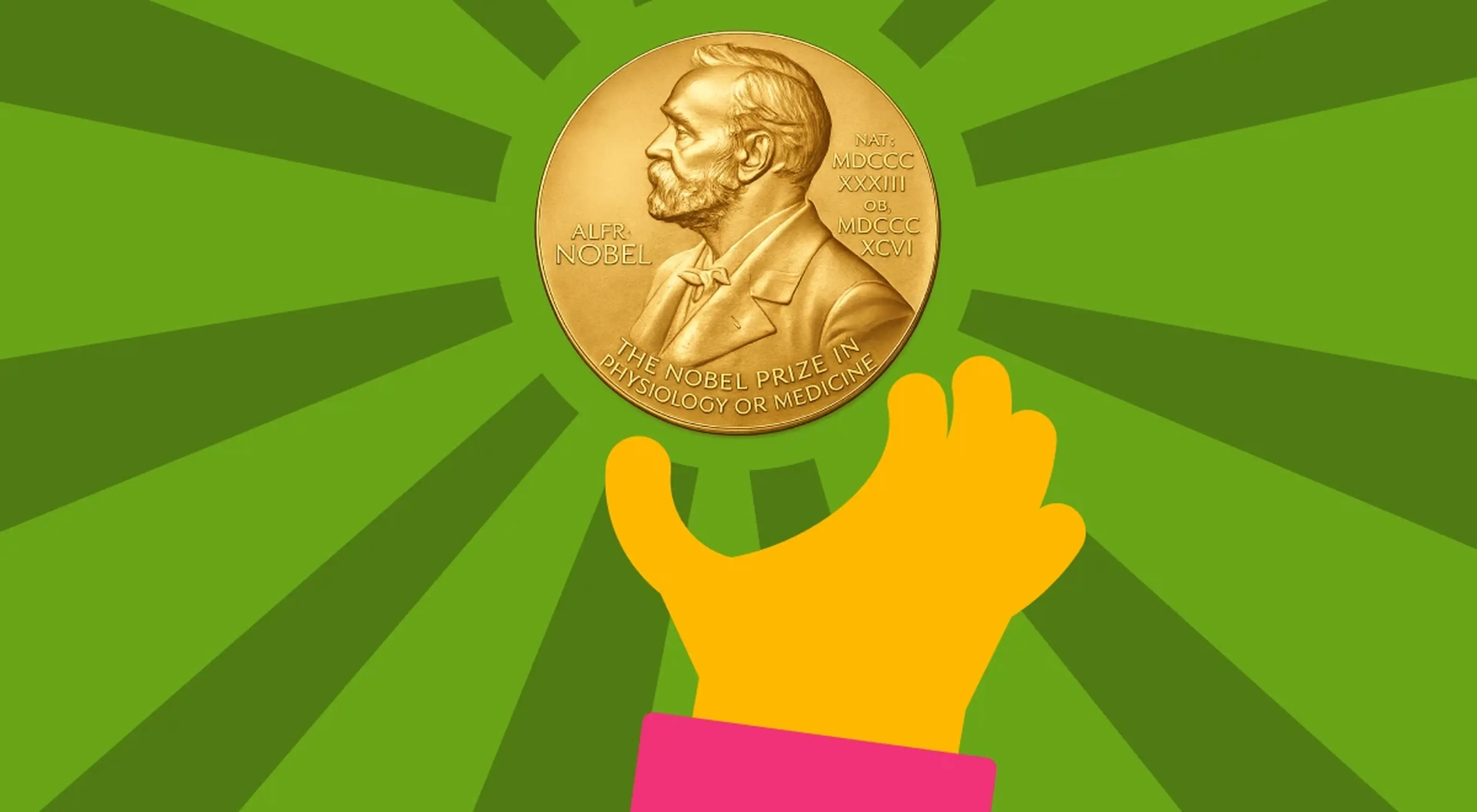 Illustrated yellow hand holding a gold Nobel Prize medal with radiating green rays in the background, representing a biology trivia award related to physiology or medicine