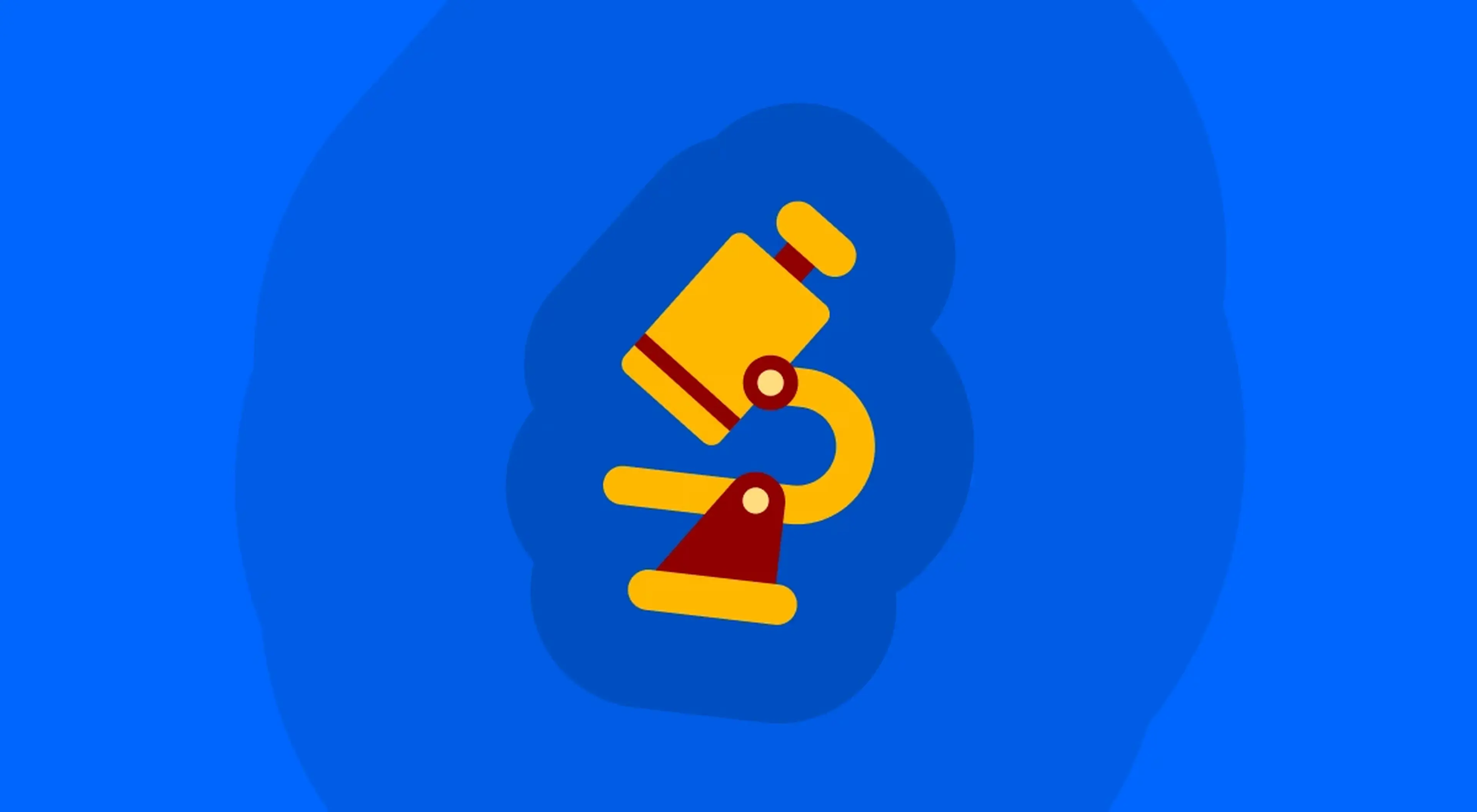 Yellow and red microscope centered on a bright blue background with a dark circular shadow, representing the history of science and modern science discoveries