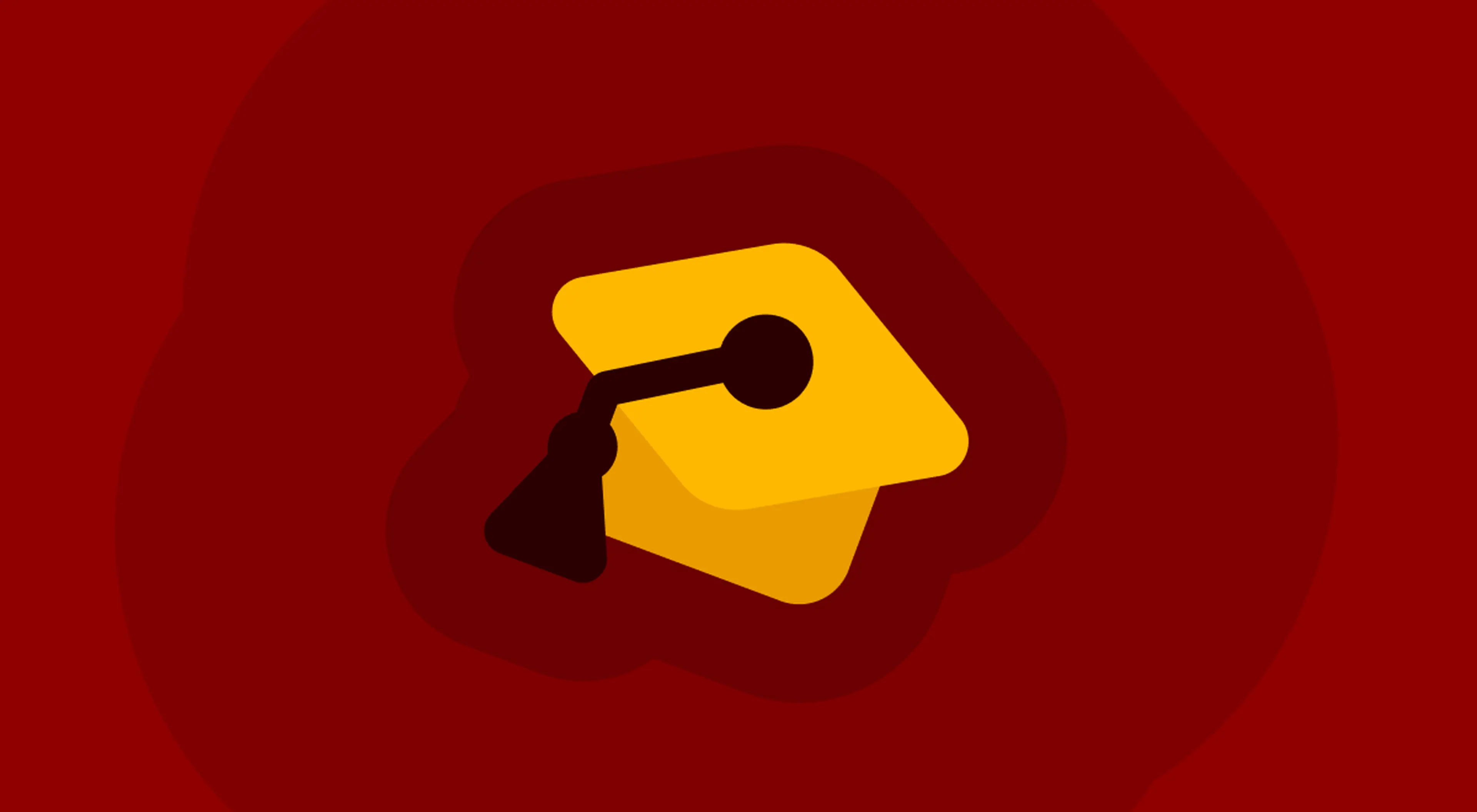 Yellow graduation cap with tassel icon centered on a dark red background, symbolizing adult education and academic learning achievement