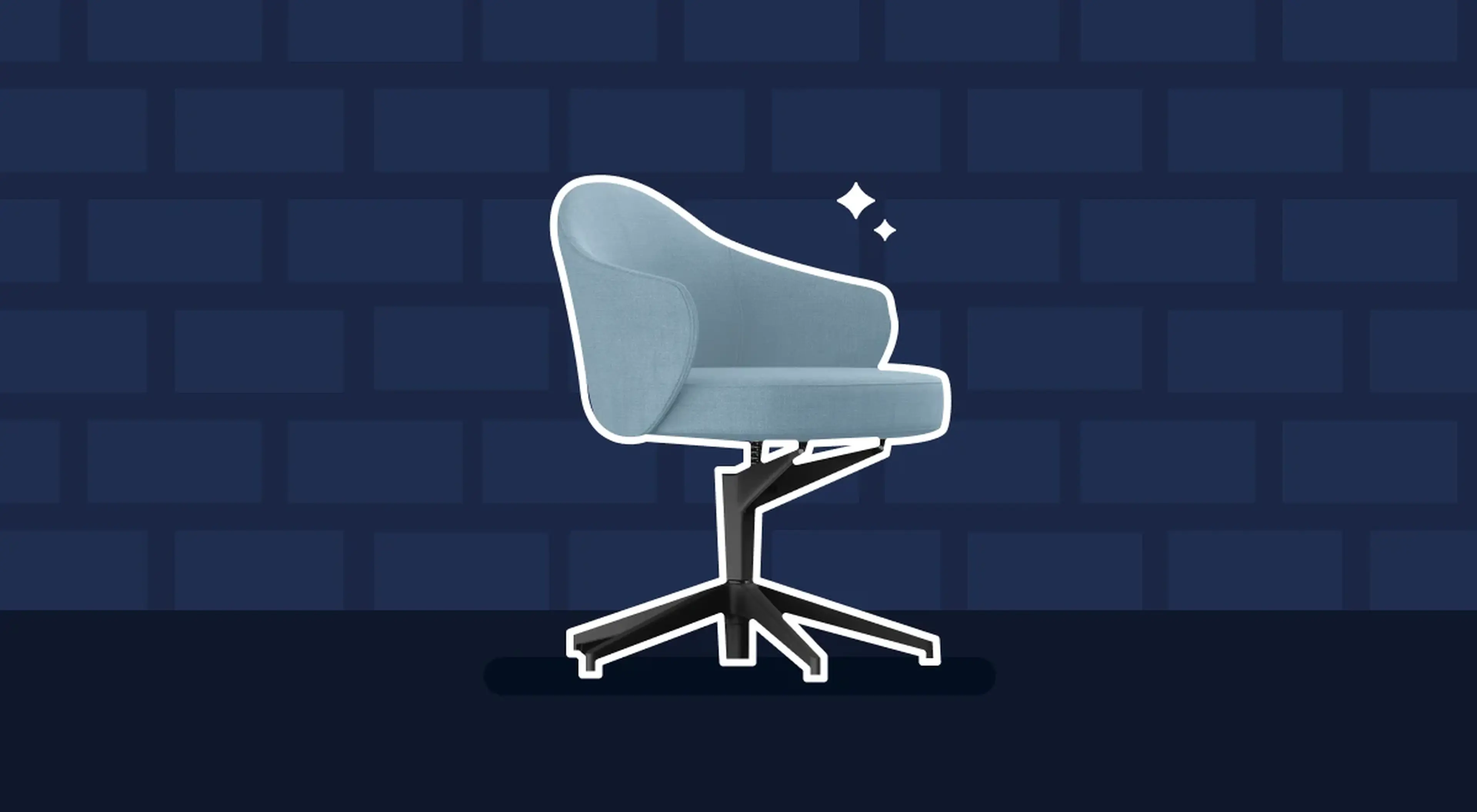 Light blue office chair with a question mark icon and sparkle accents on a dark navy grid-patterned background, representing best apps for freelancers and workflow