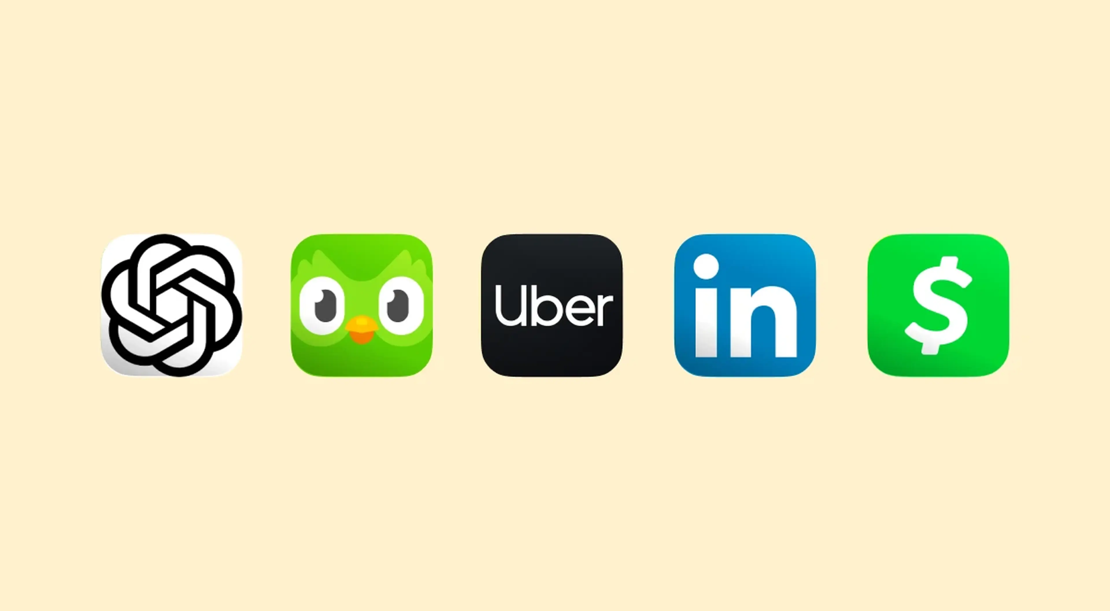 Five popular downloaded app icons arranged in a row on a light yellow background including ChatGPT, Duolingo, Uber, LinkedIn, and Cash App