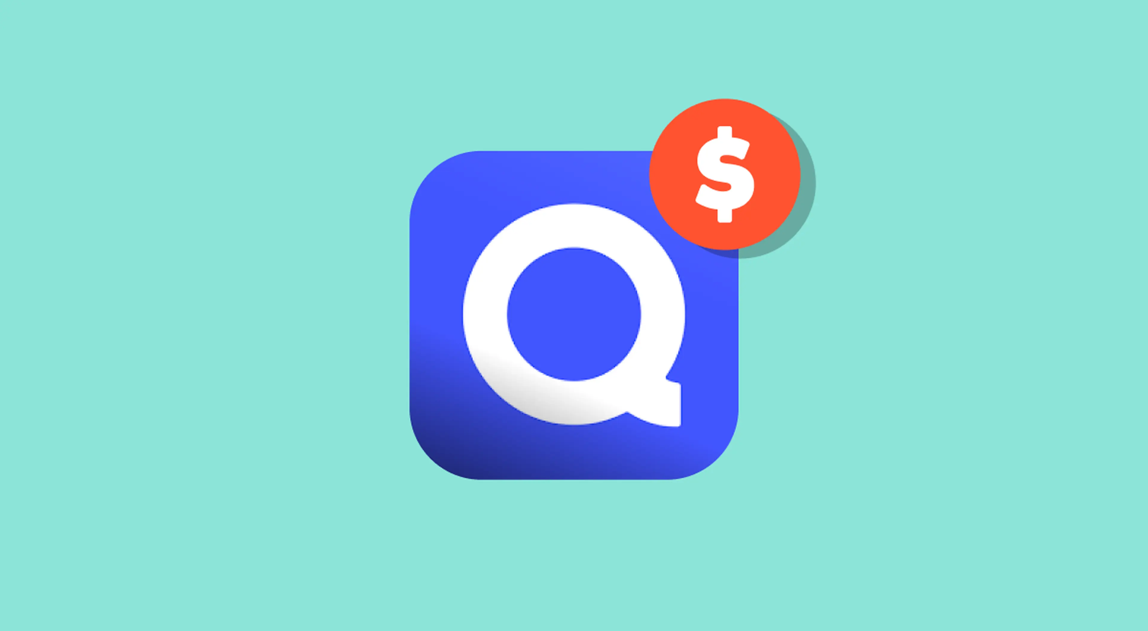 Blue Quizlet app icon with a white Q and an orange dollar sign badge on a mint green background representing Quizlet cost
