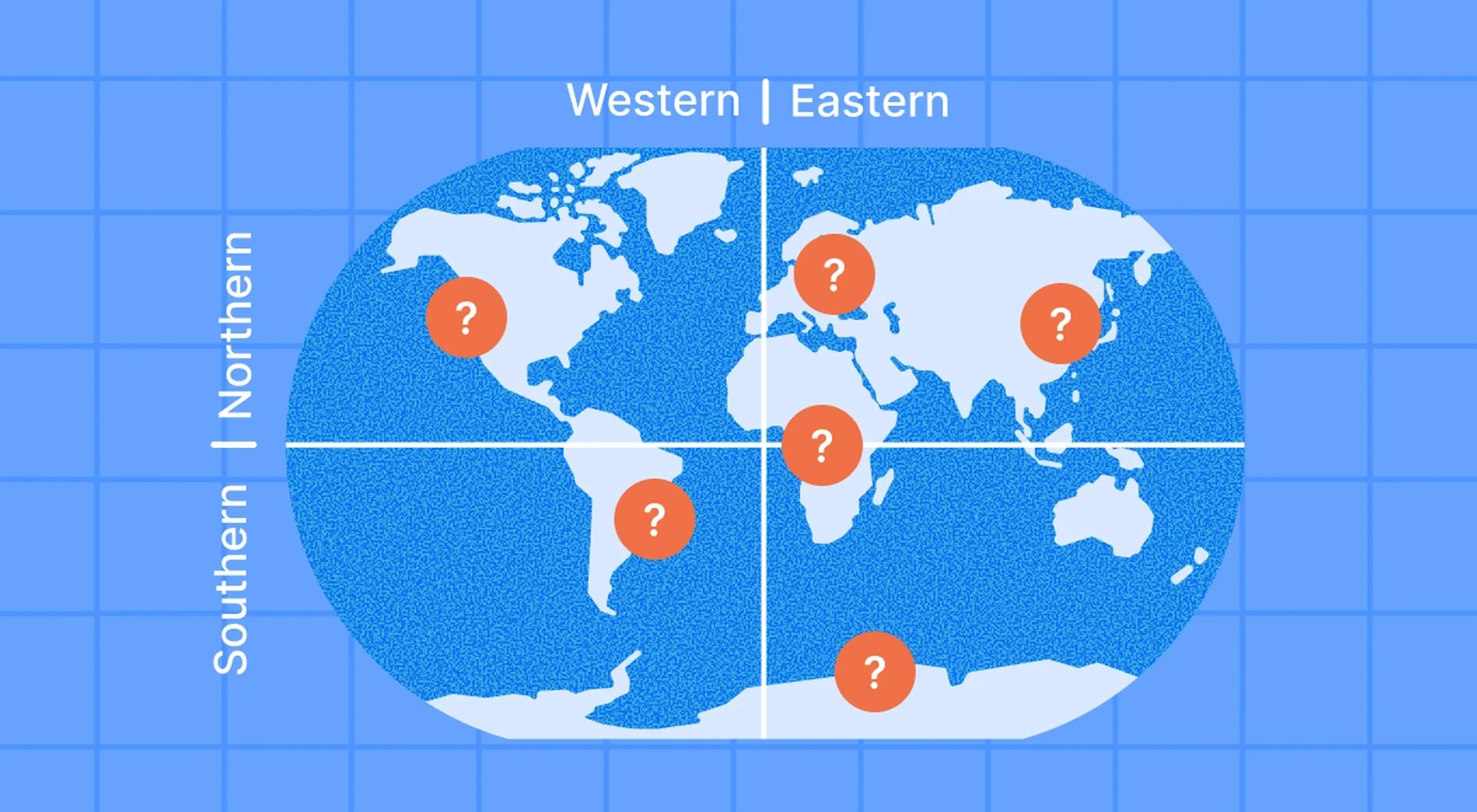 Illustrated blue world map divided into Western, Eastern, Southern, and Northern hemispheres with red question mark pins placed across continents, used in a US history trivia geography quiz
