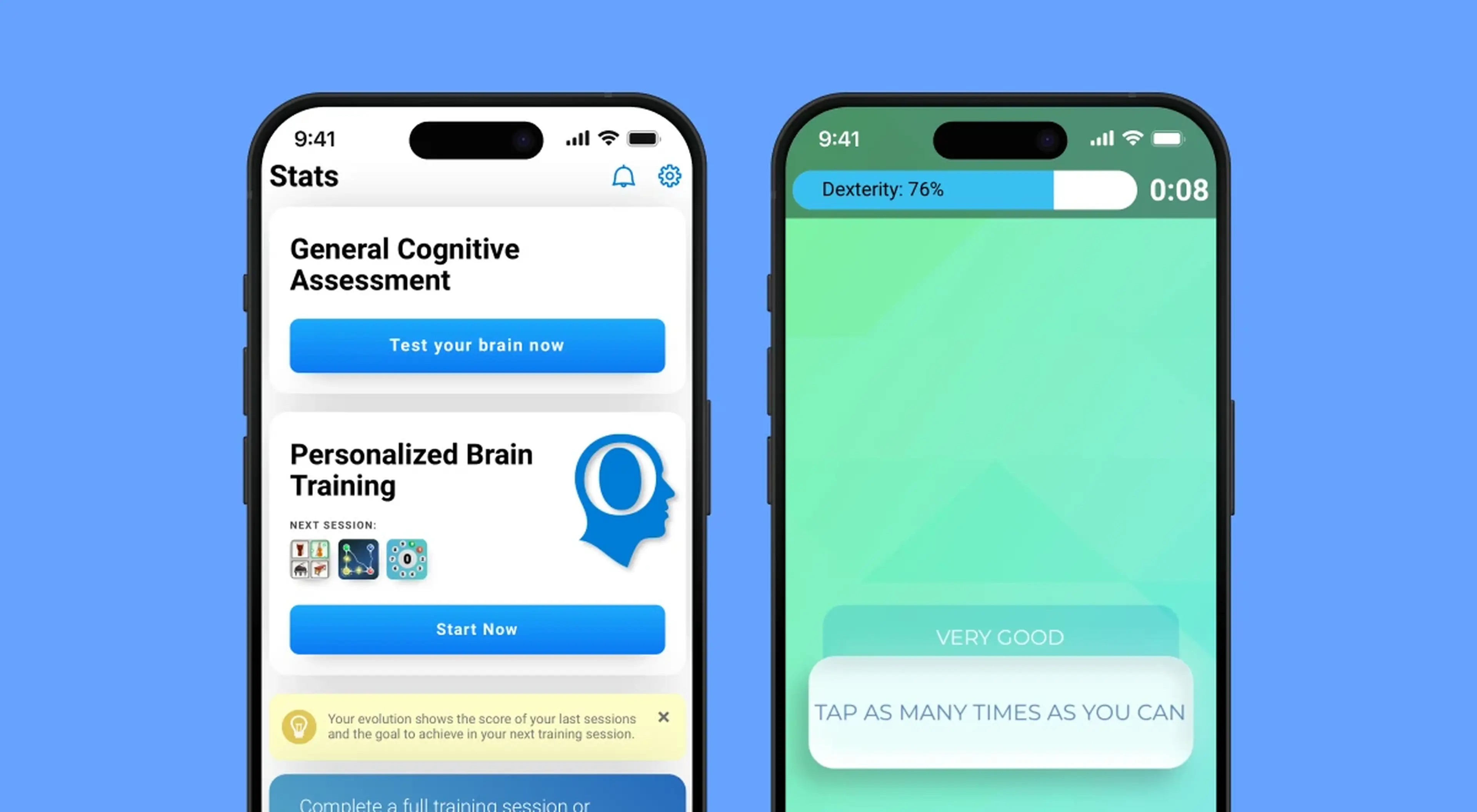 Two Cognifit app screenshots on iPhones showing General Cognitive Assessment and Personalized Brain Training stats screen, and a green Dexterity tap-as-many-times-as-you-can game screen on blue backgr