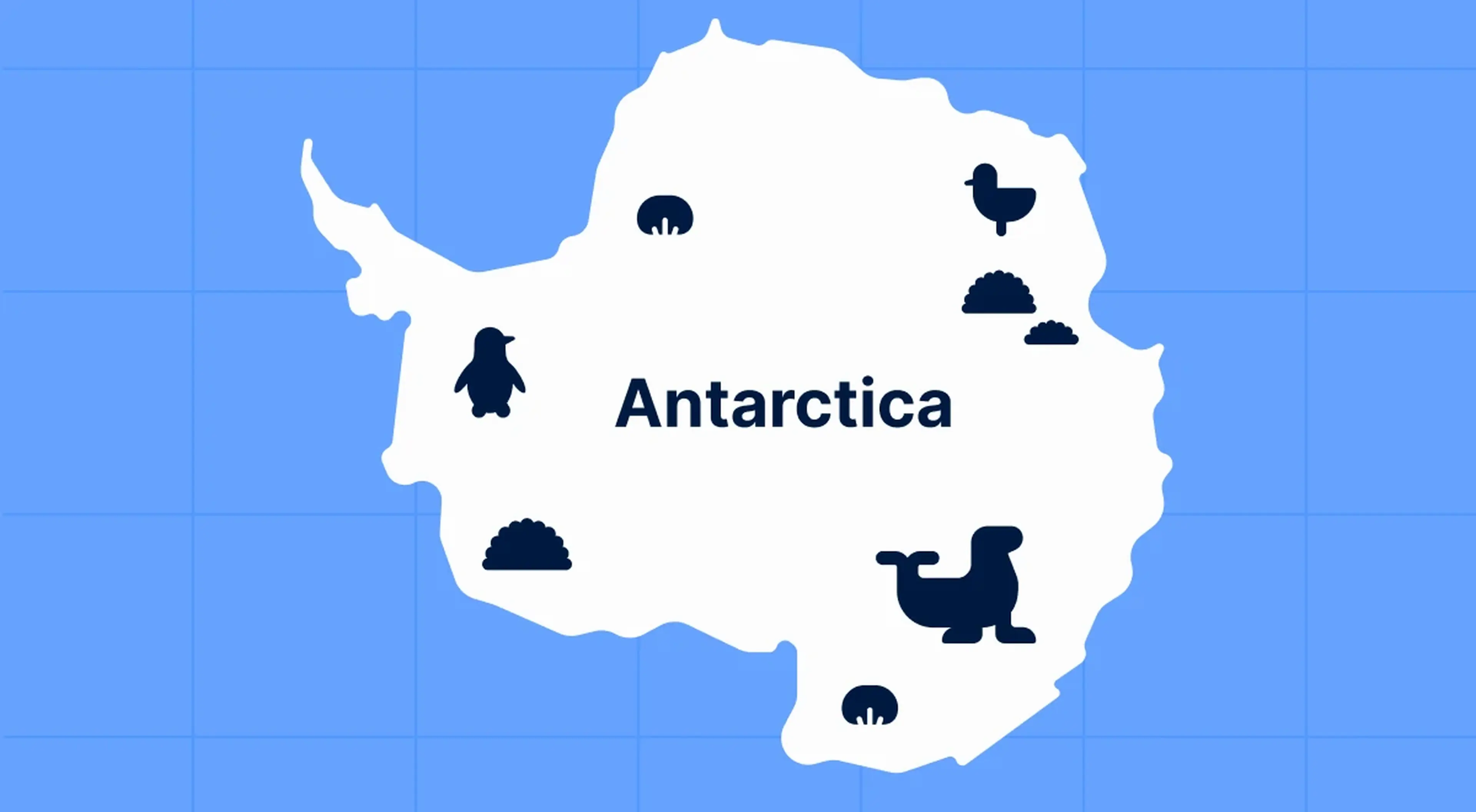 Illustrated map of Antarctica with penguin, seal, and bird icons on a blue grid background, with a thermometer and snowflake symbol, representing geography trivia