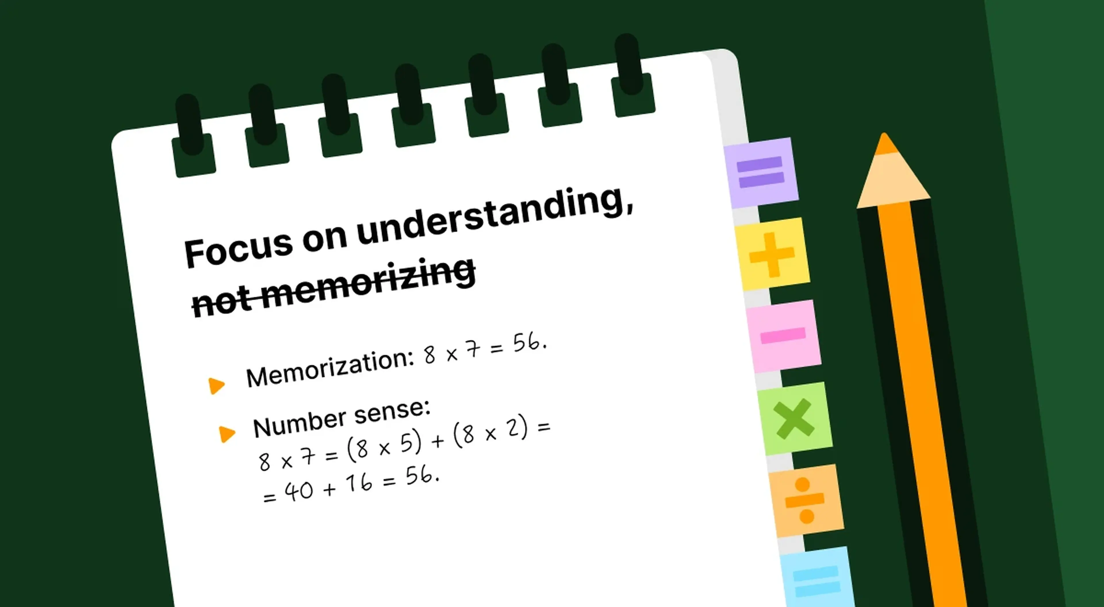 Spiral notebook with colorful sticky tabs and orange pencil on green background, showing number sense approach to math facts over memorizing