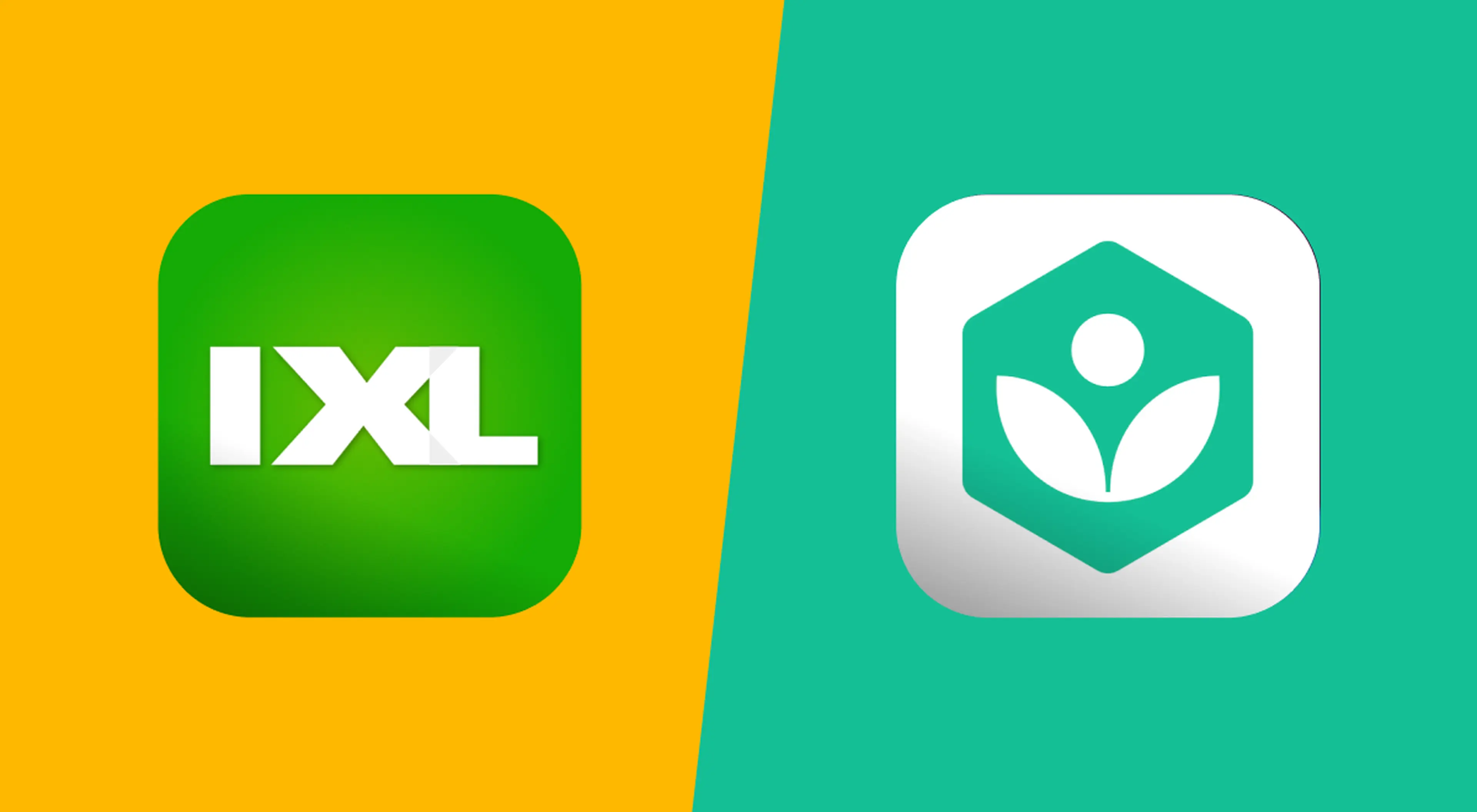 IXL app icon on an orange background compared side by side with the Khan Academy app icon on a teal background, illustrating an IXL vs Khan Academy learning platform comparison