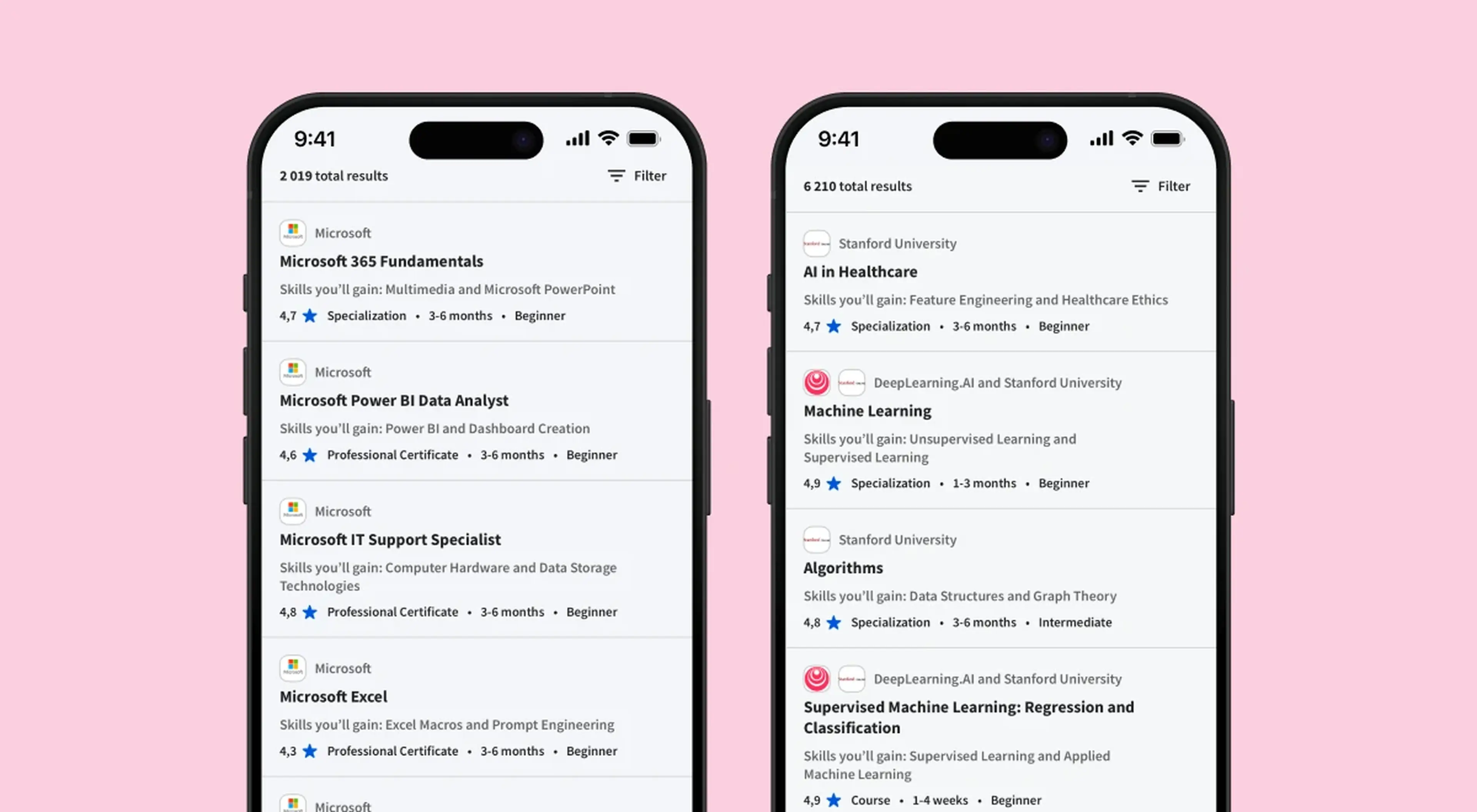 Two smartphones displaying Coursera app search results with Microsoft and AI machine learning courses listed on a pink background