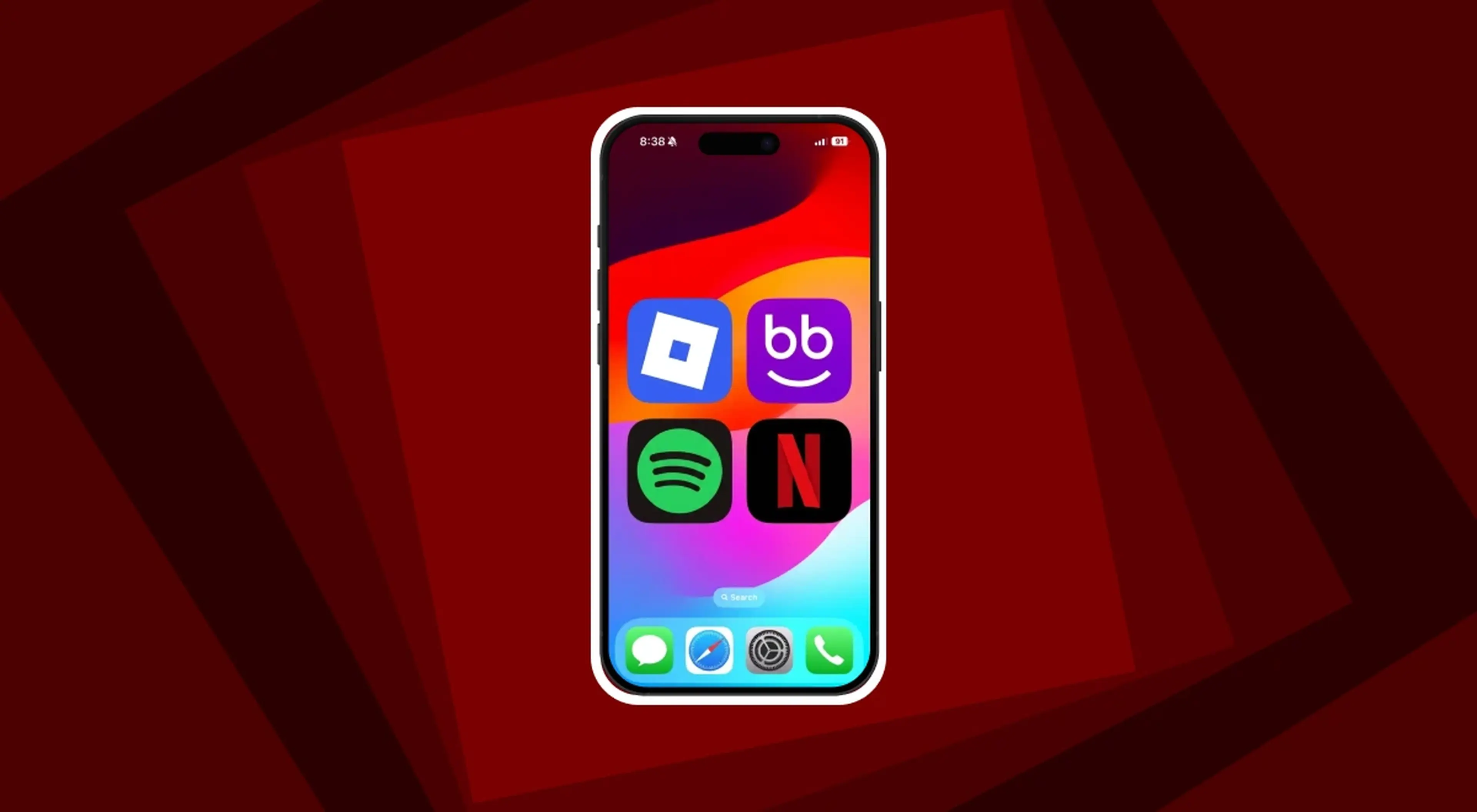 Smartphone displaying app icons including Roblox, Beelinguapp, Spotify, and Netflix on a colorful home screen against a dark red geometric background