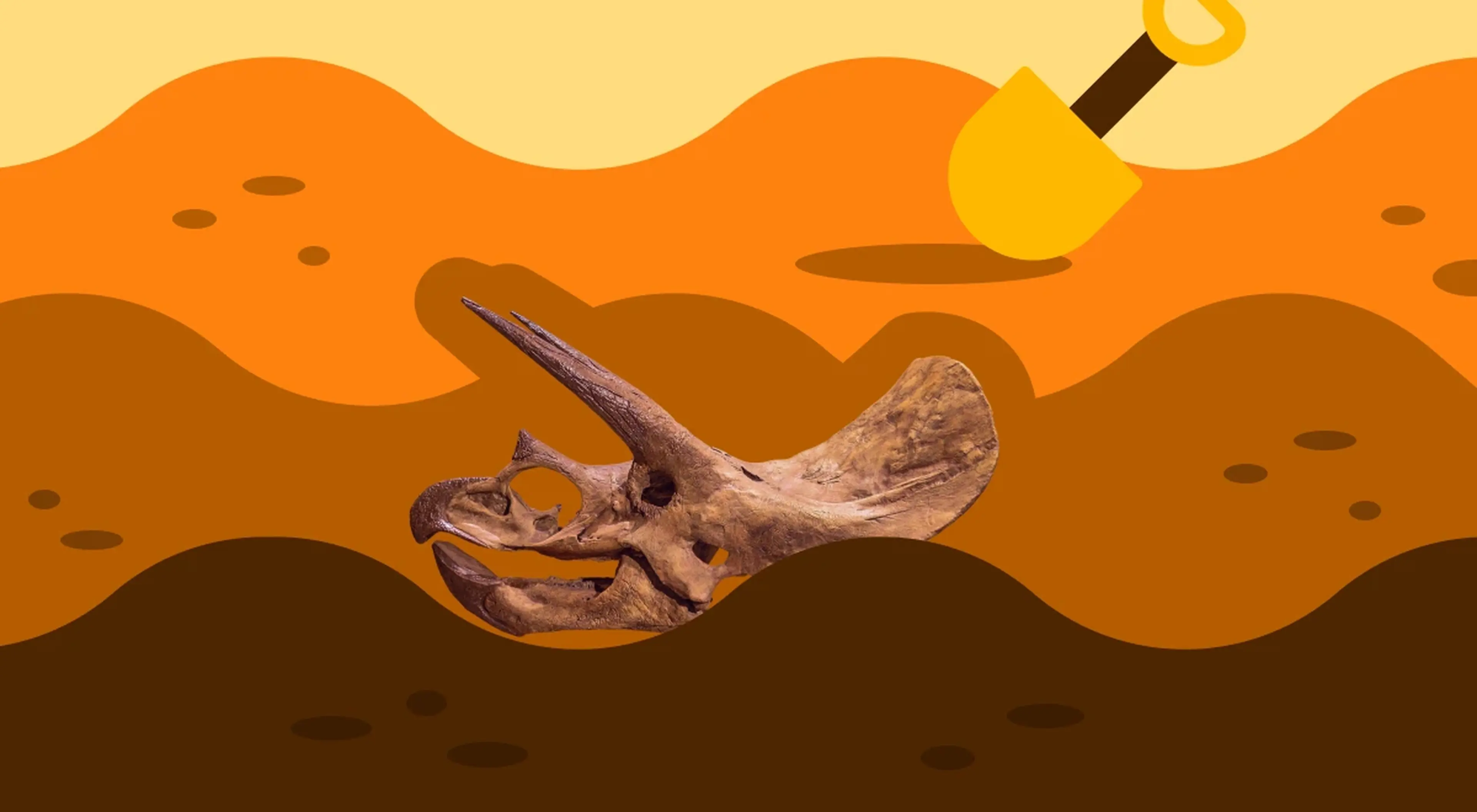 Illustrated desert excavation scene with a real triceratops skull fossil emerging from layered brown soil, with a yellow shovel digging from above