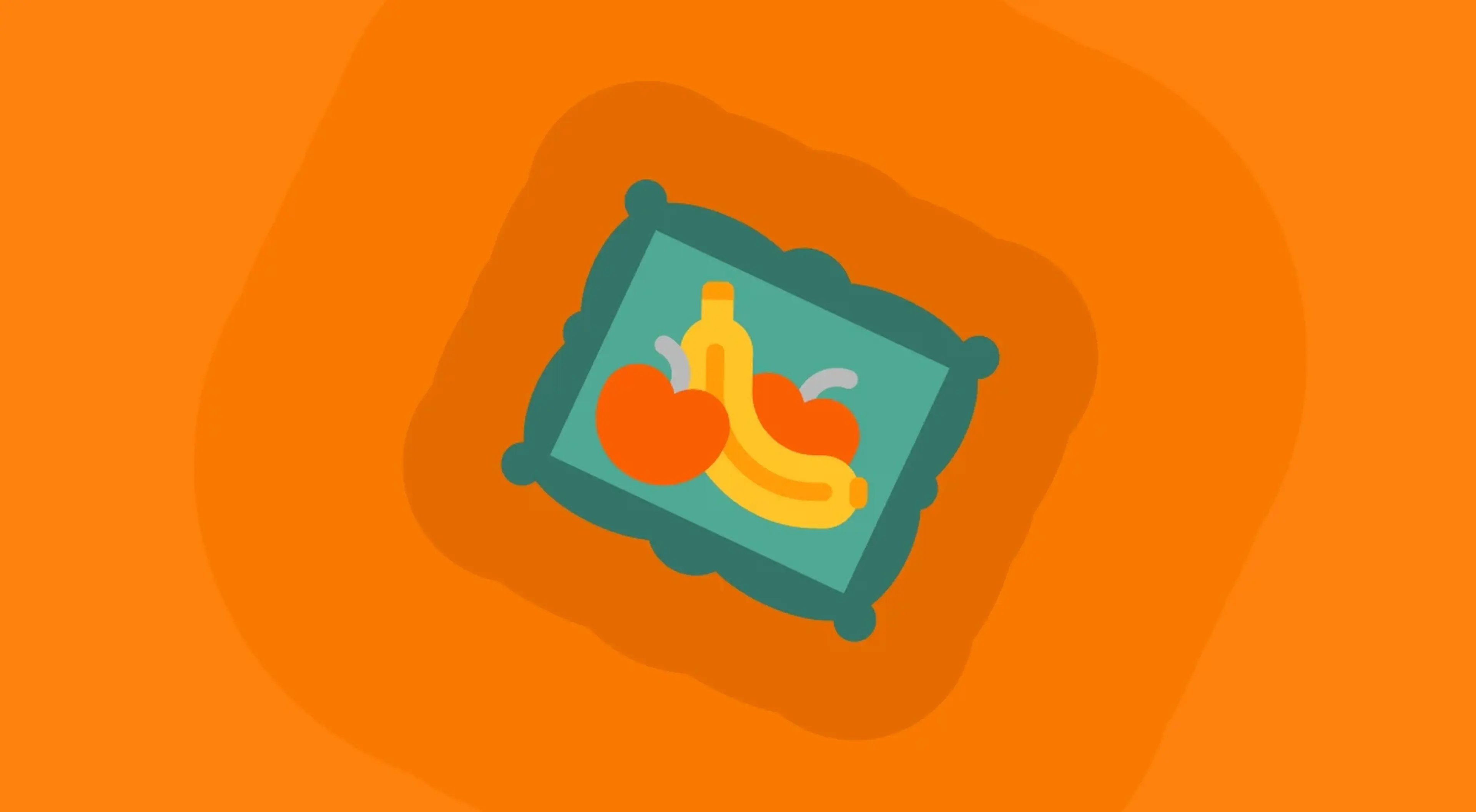 Illustrated still life painting with fruits — orange apple and yellow banana in a teal frame, centered on a bright orange background with subtle circular shadows