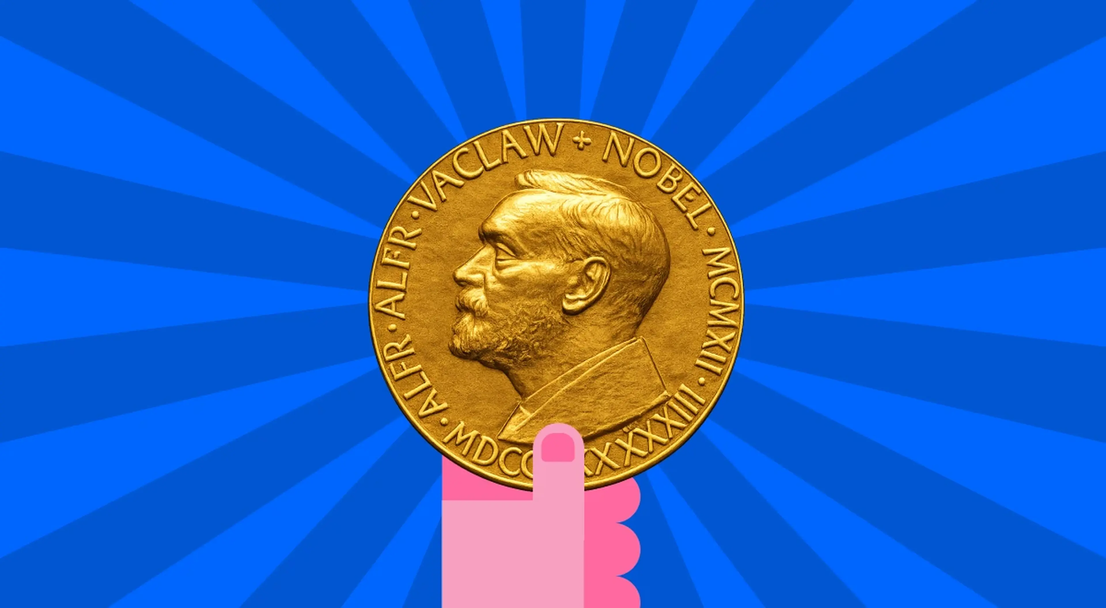 Illustrated hand holding a gold Nobel Prize medal on a blue background with sunburst rays