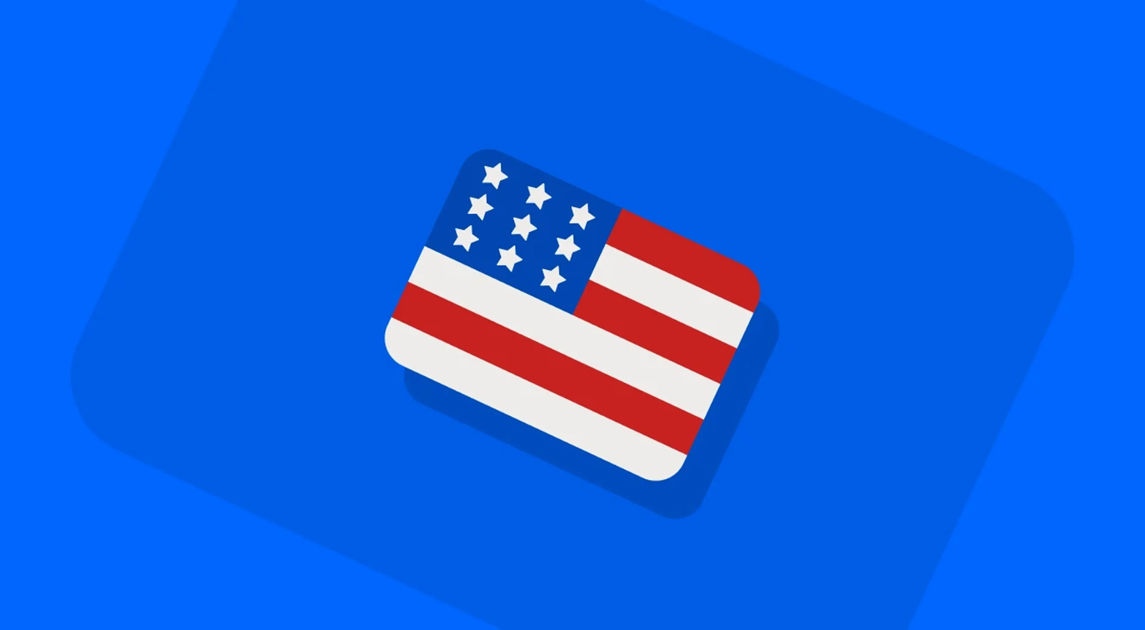 Illustrated American flag with red, white, and blue stripes and white stars on a rounded rectangle, centered on a bright blue background for an American history trivia quiz